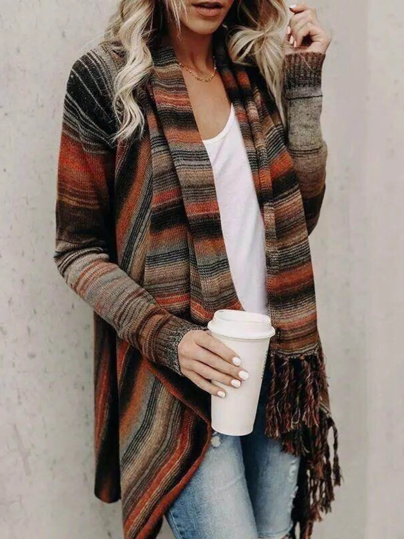 Fringe Long Sleeve Wrap Cardigan - Flip Flop Dynasty