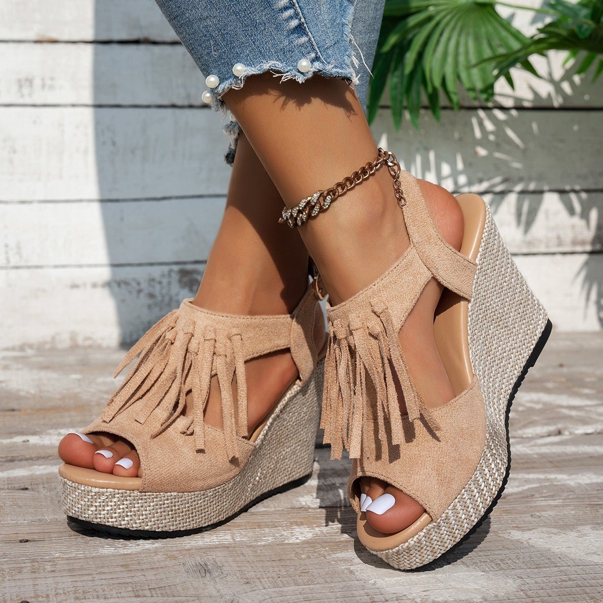 Fringe Peep Toe Wedge Sandals - Flip Flop Dynasty