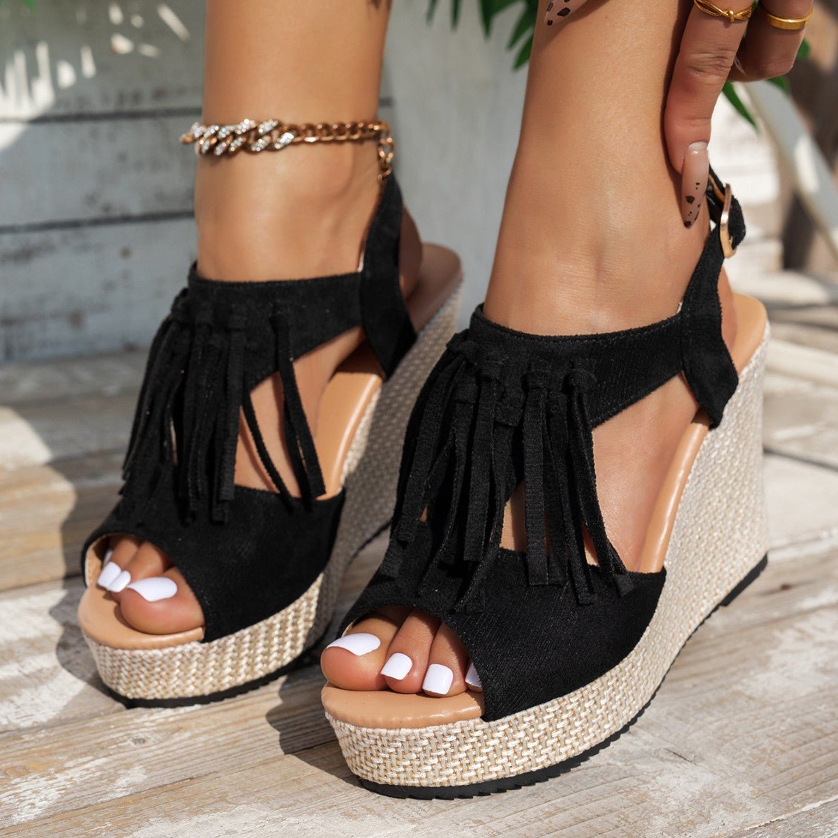 Fringe Peep Toe Wedge Sandals - Flip Flop Dynasty