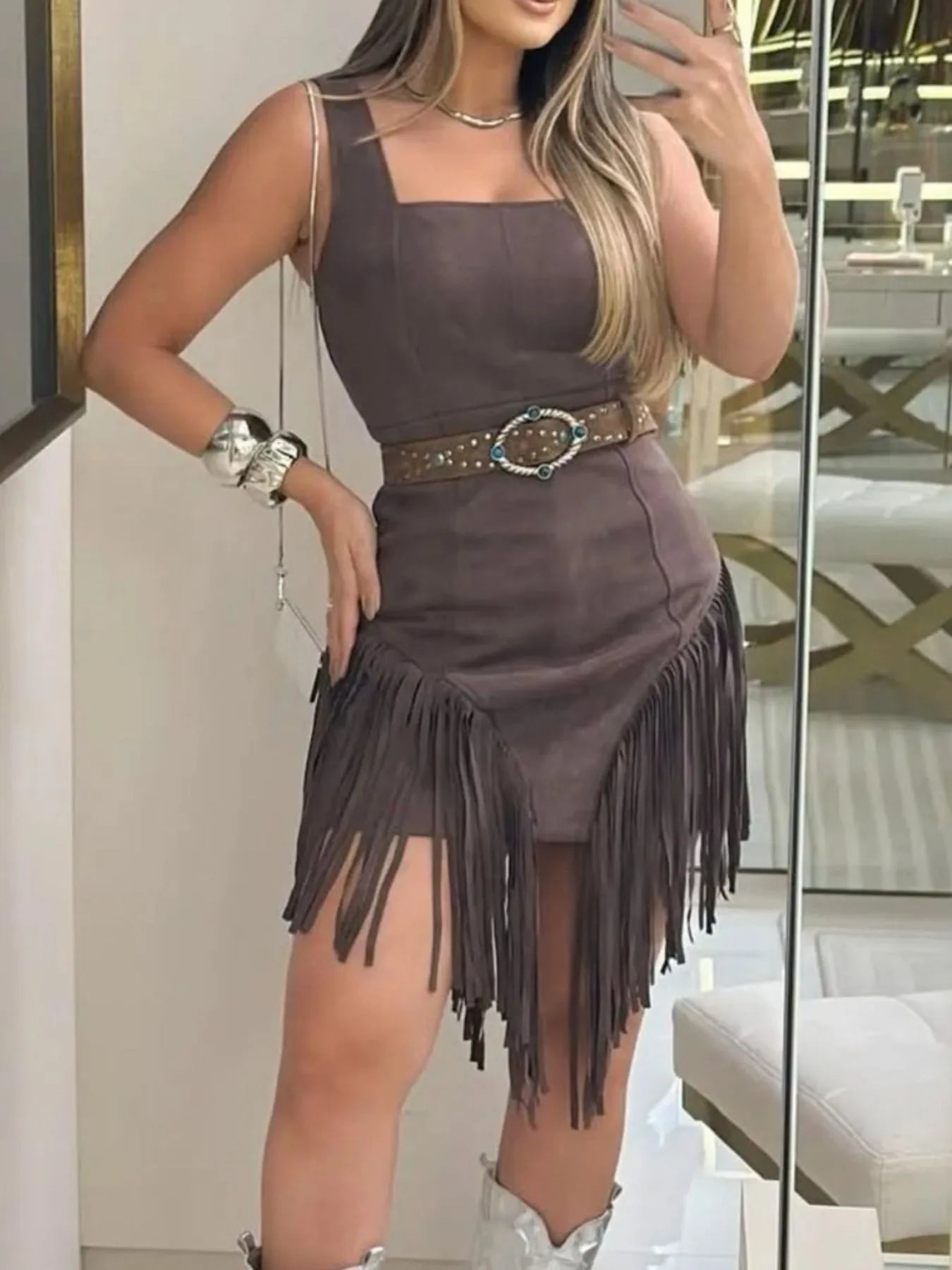Fringe Square Neck Bodycon Mini Dress - Flip Flop Dynasty
