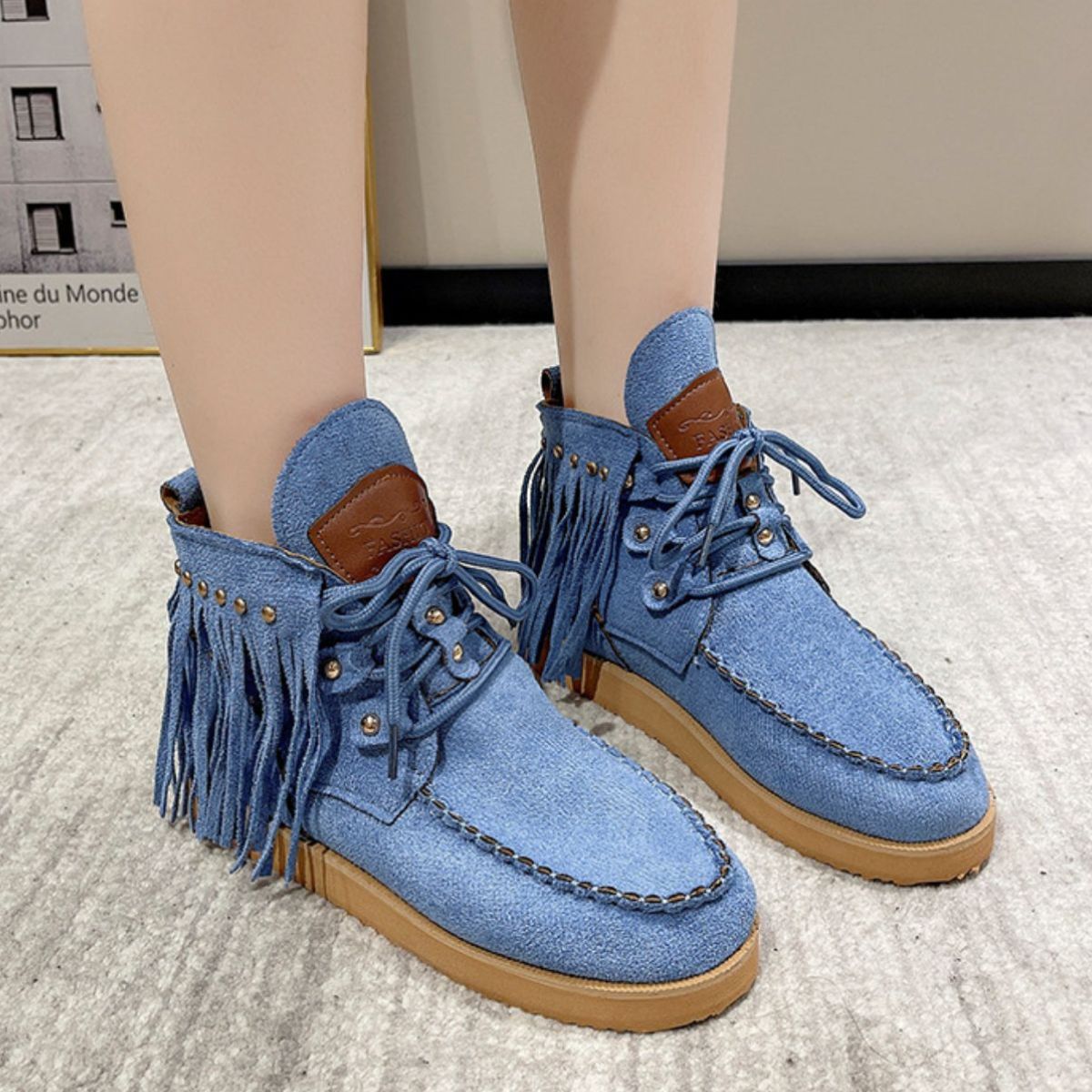 Fringe Studded Round Toe Canvas Boots - Flip Flop Dynasty