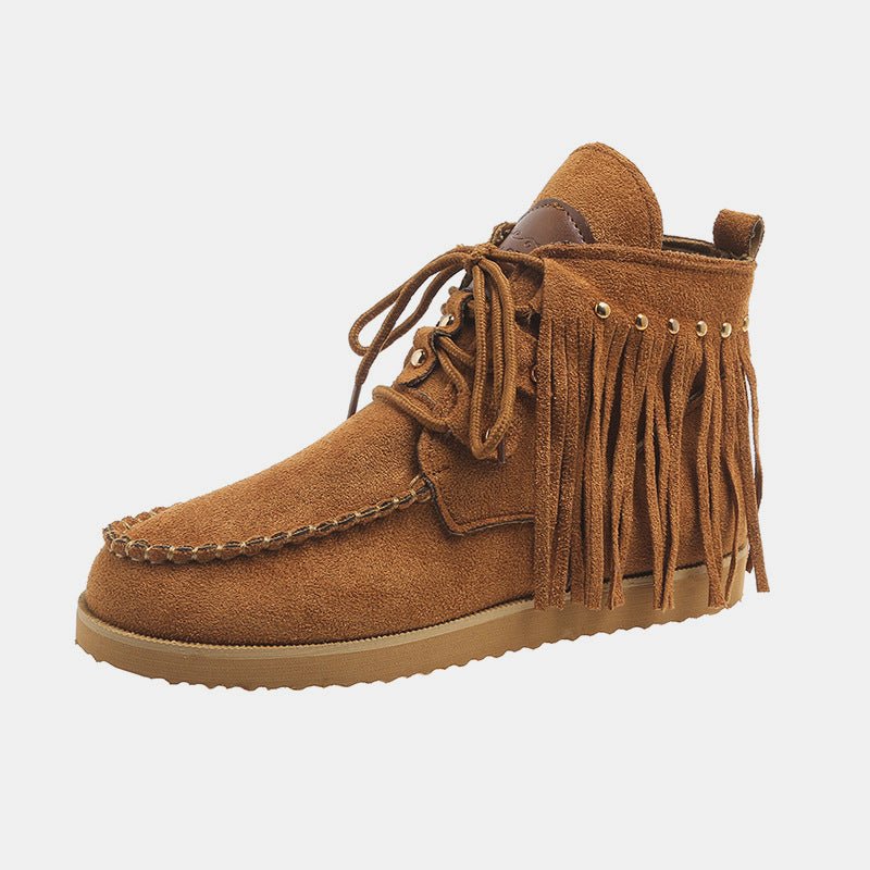 Fringe Studded Round Toe Canvas Boots - Flip Flop Dynasty