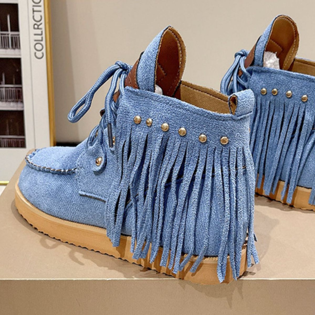 Fringe Studded Round Toe Canvas Boots - Flip Flop Dynasty