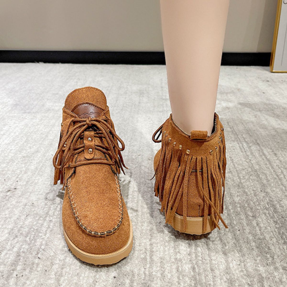 Fringe Studded Round Toe Canvas Boots - Flip Flop Dynasty