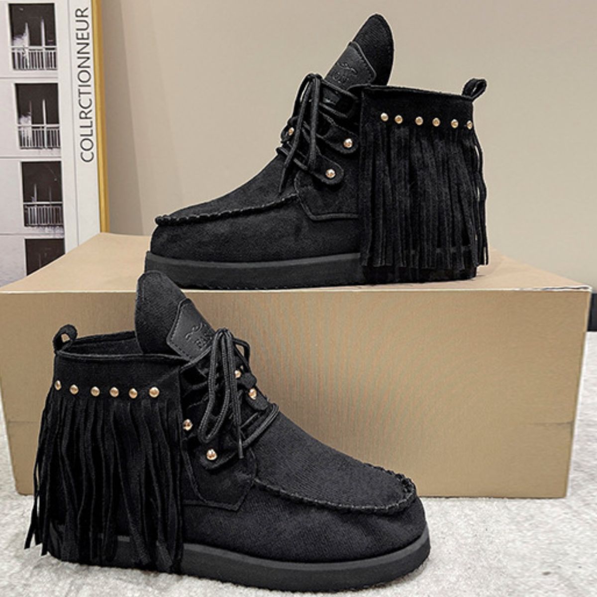 Fringe Studded Round Toe Canvas Boots - Flip Flop Dynasty