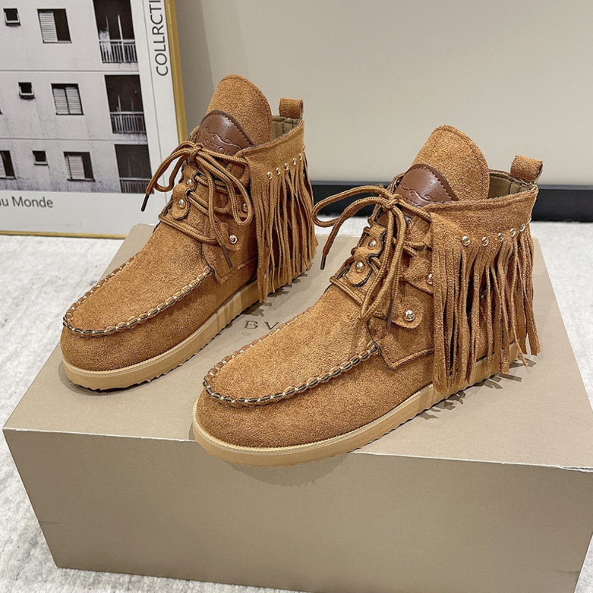 Fringe Studded Round Toe Canvas Boots - Flip Flop Dynasty