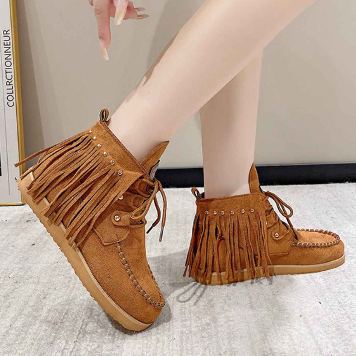Fringe Studded Round Toe Canvas Boots - Flip Flop Dynasty