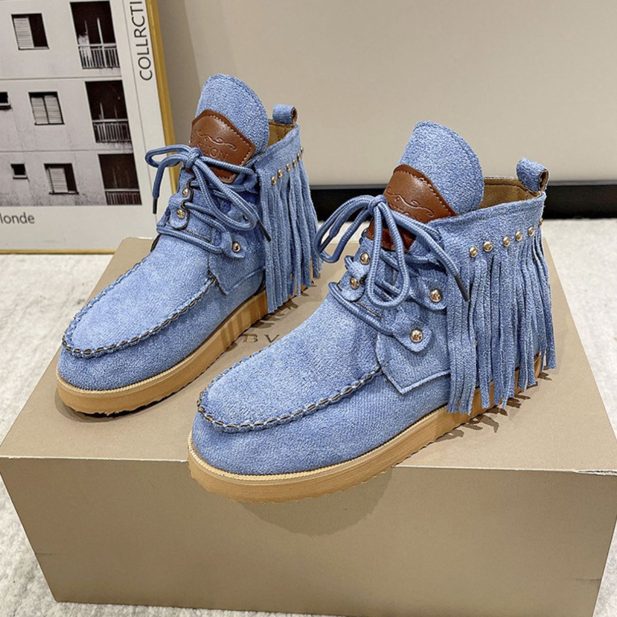 Fringe Studded Round Toe Canvas Boots - Flip Flop Dynasty
