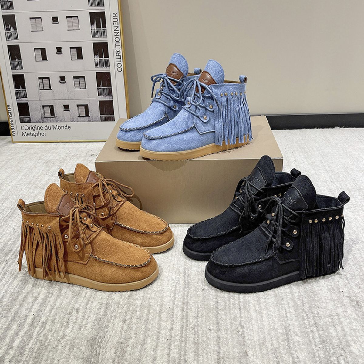Fringe Studded Round Toe Canvas Boots - Flip Flop Dynasty
