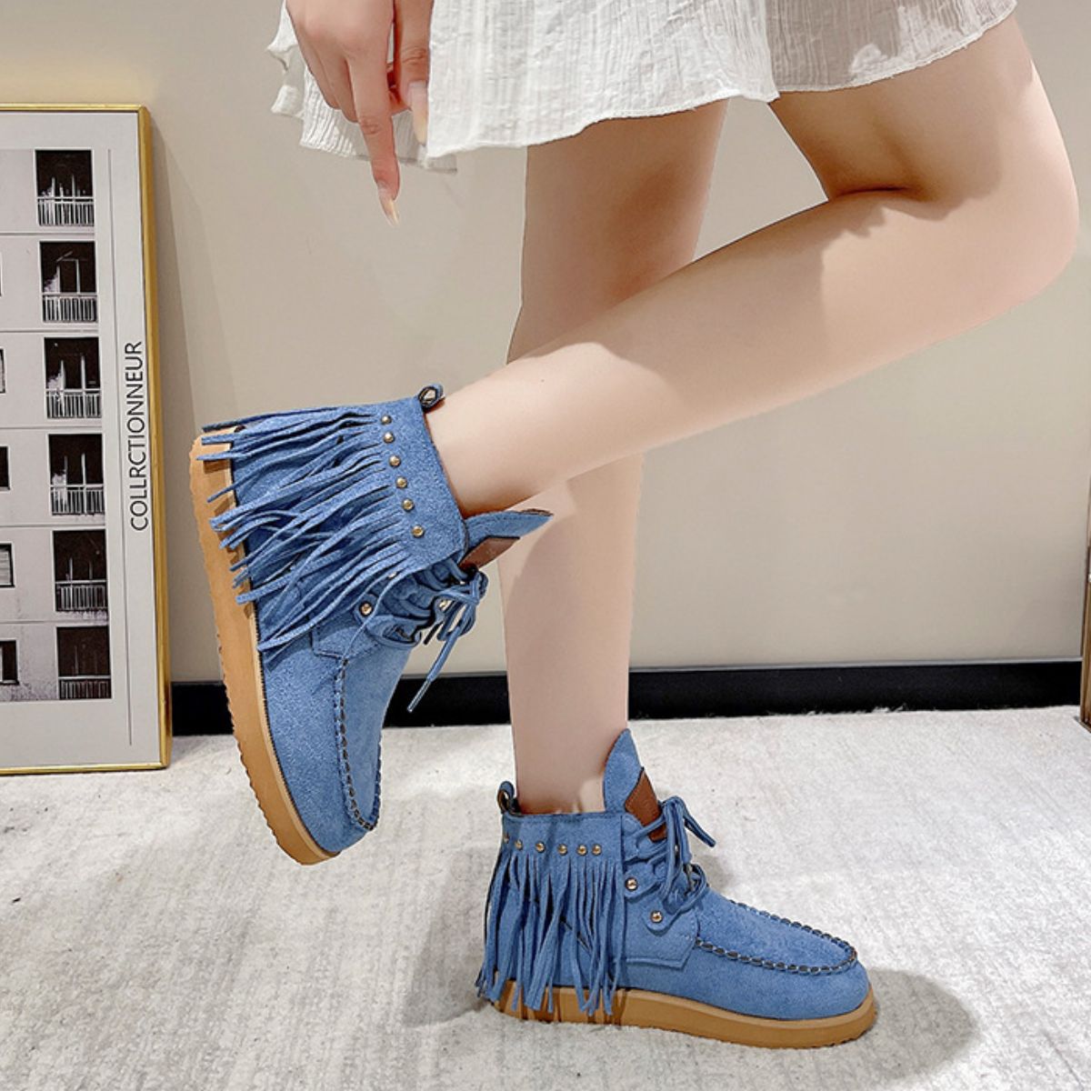 Fringe Studded Round Toe Canvas Boots - Flip Flop Dynasty