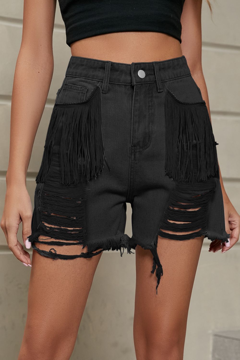 Fringe Trim Distressed Denim Shorts with Pockets - Flip Flop Dynasty