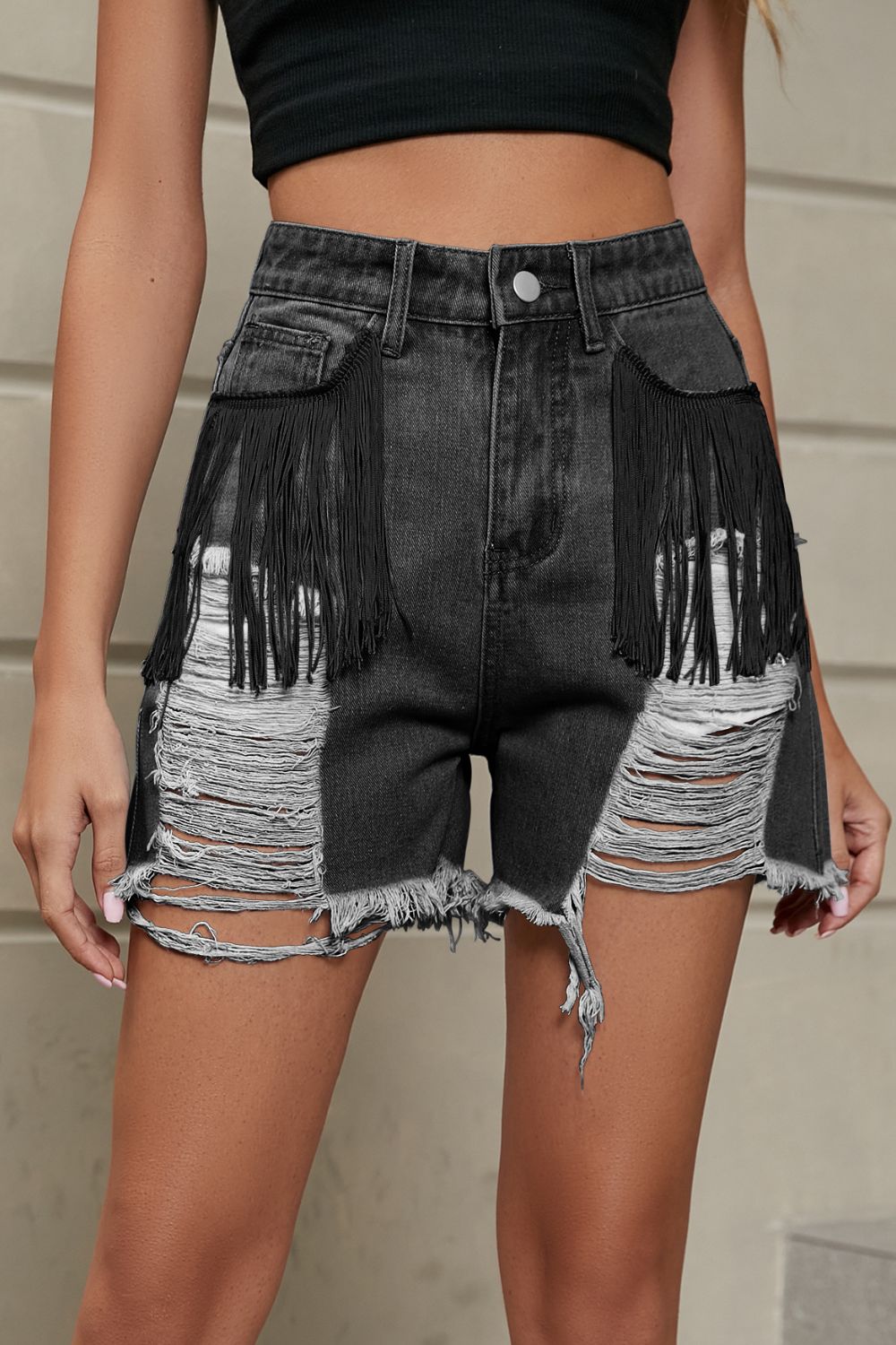 Fringe Trim Distressed Denim Shorts with Pockets - Flip Flop Dynasty