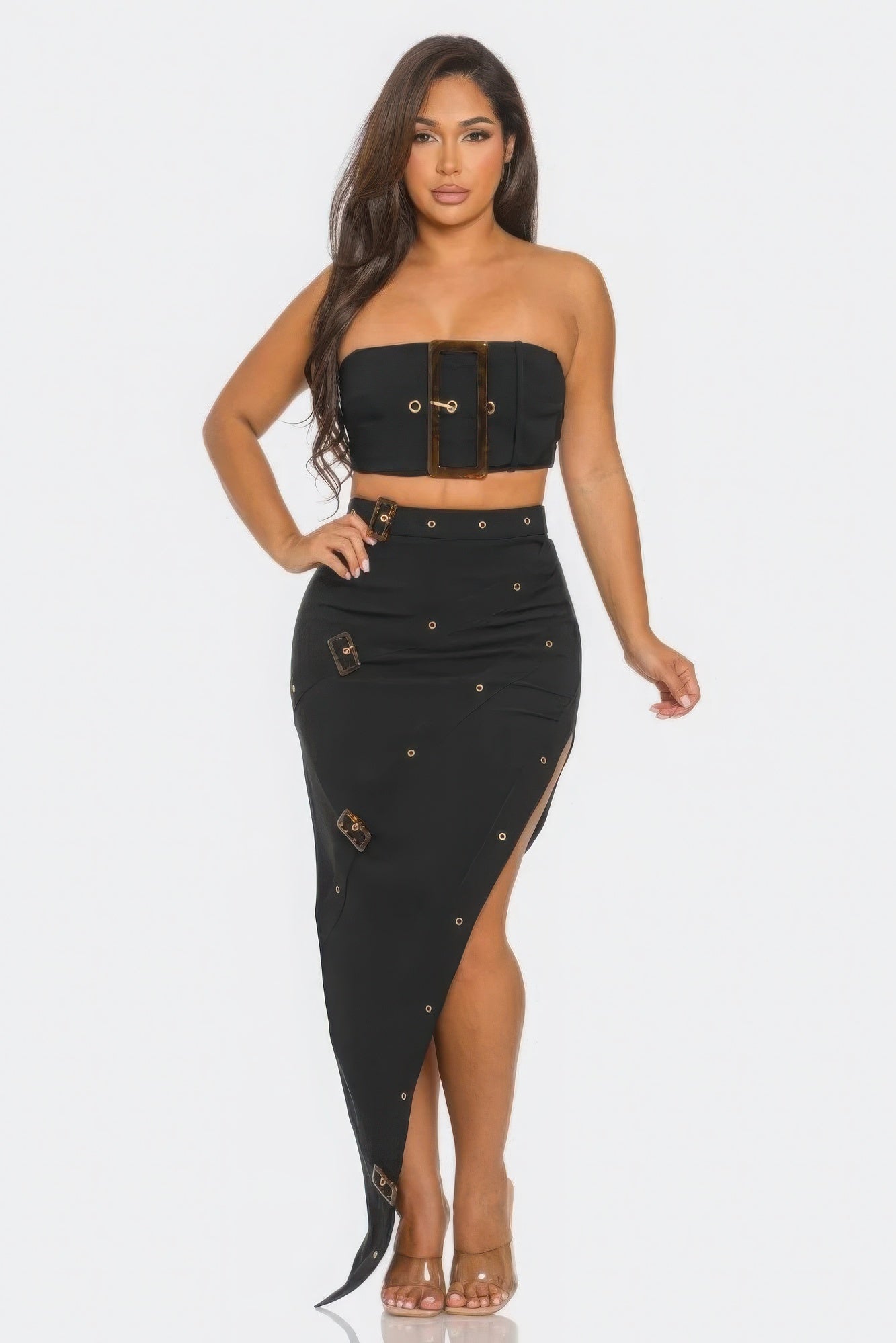 Front Eyelet Buckle Belt Top And Skirt Set - Flip Flop Dynasty