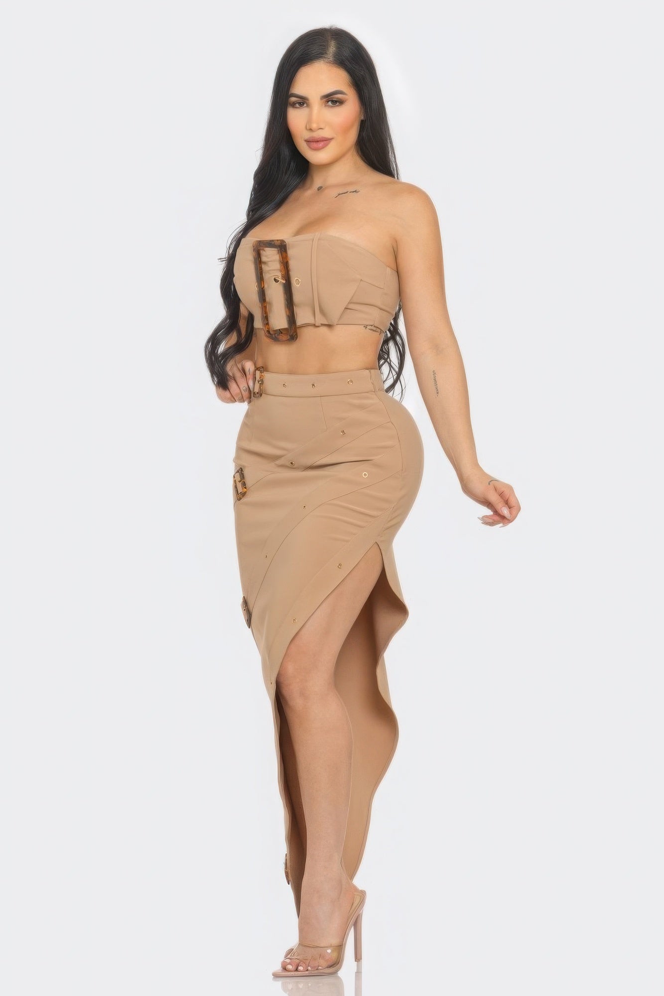 Front Eyelet Buckle Belt Top And Skirt Set - Flip Flop Dynasty