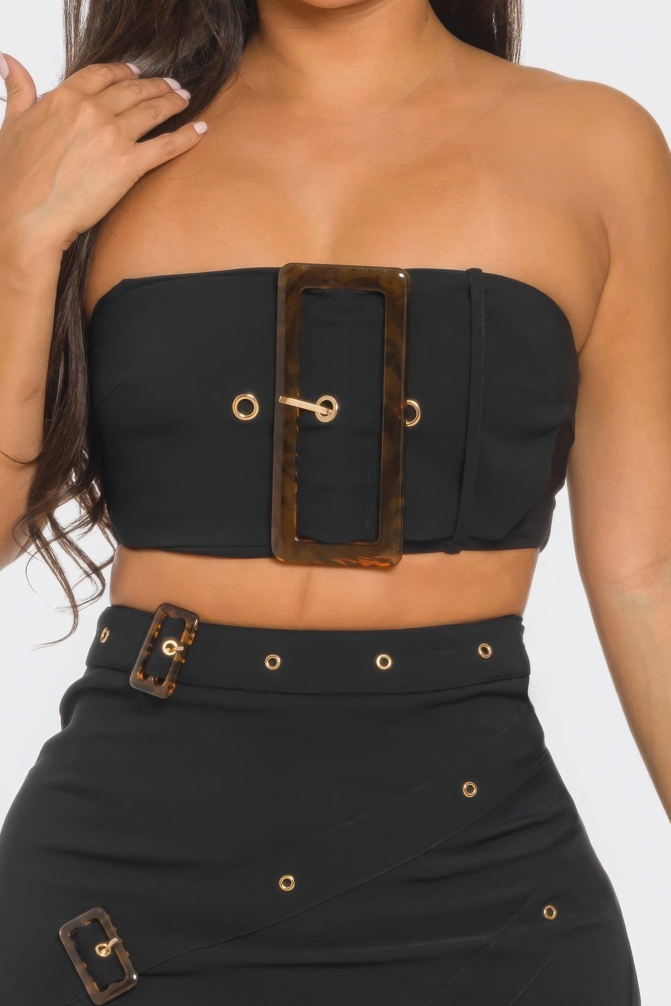 Front Eyelet Buckle Belt Top And Skirt Set - Flip Flop Dynasty