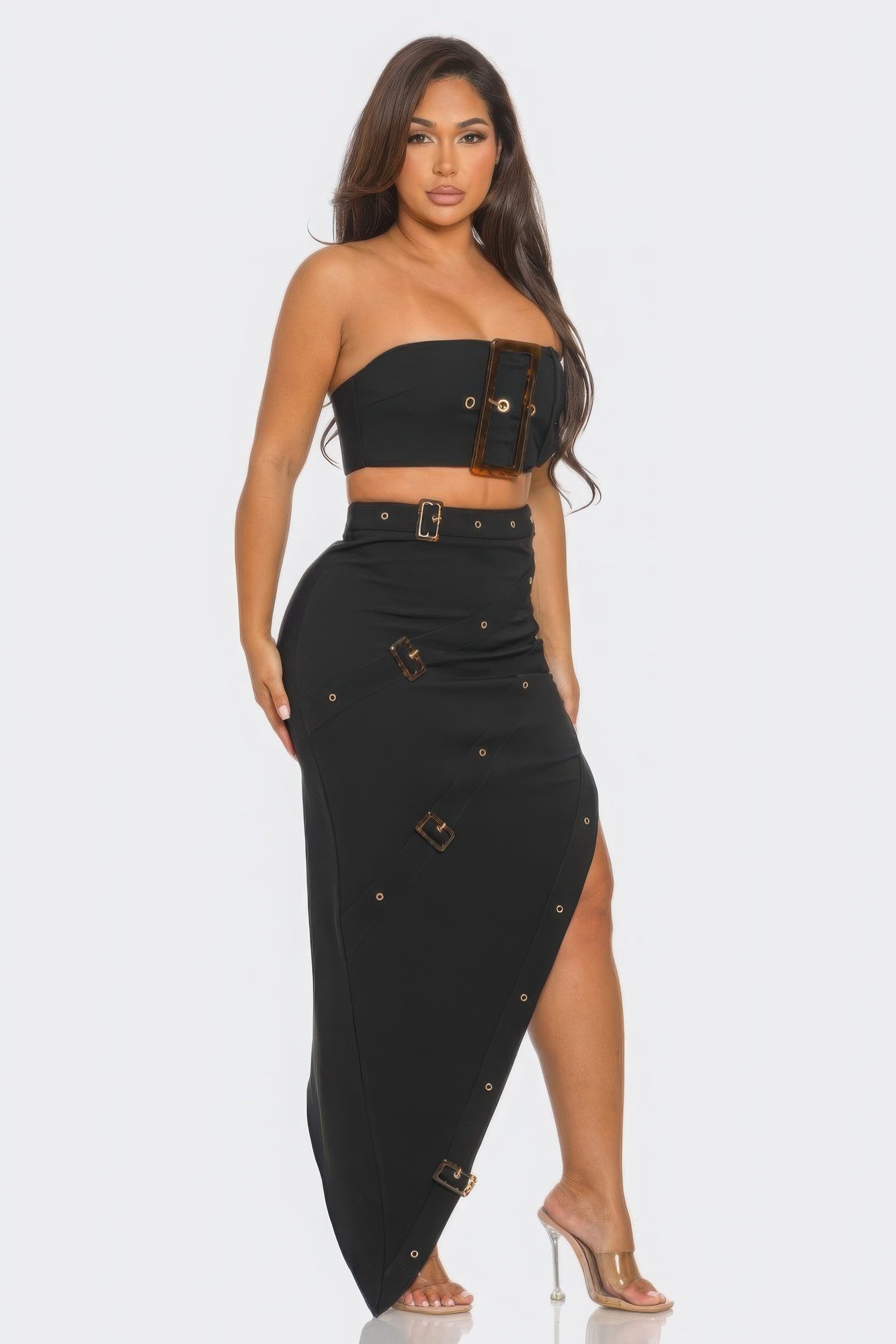 Front Eyelet Buckle Belt Top And Skirt Set - Flip Flop Dynasty
