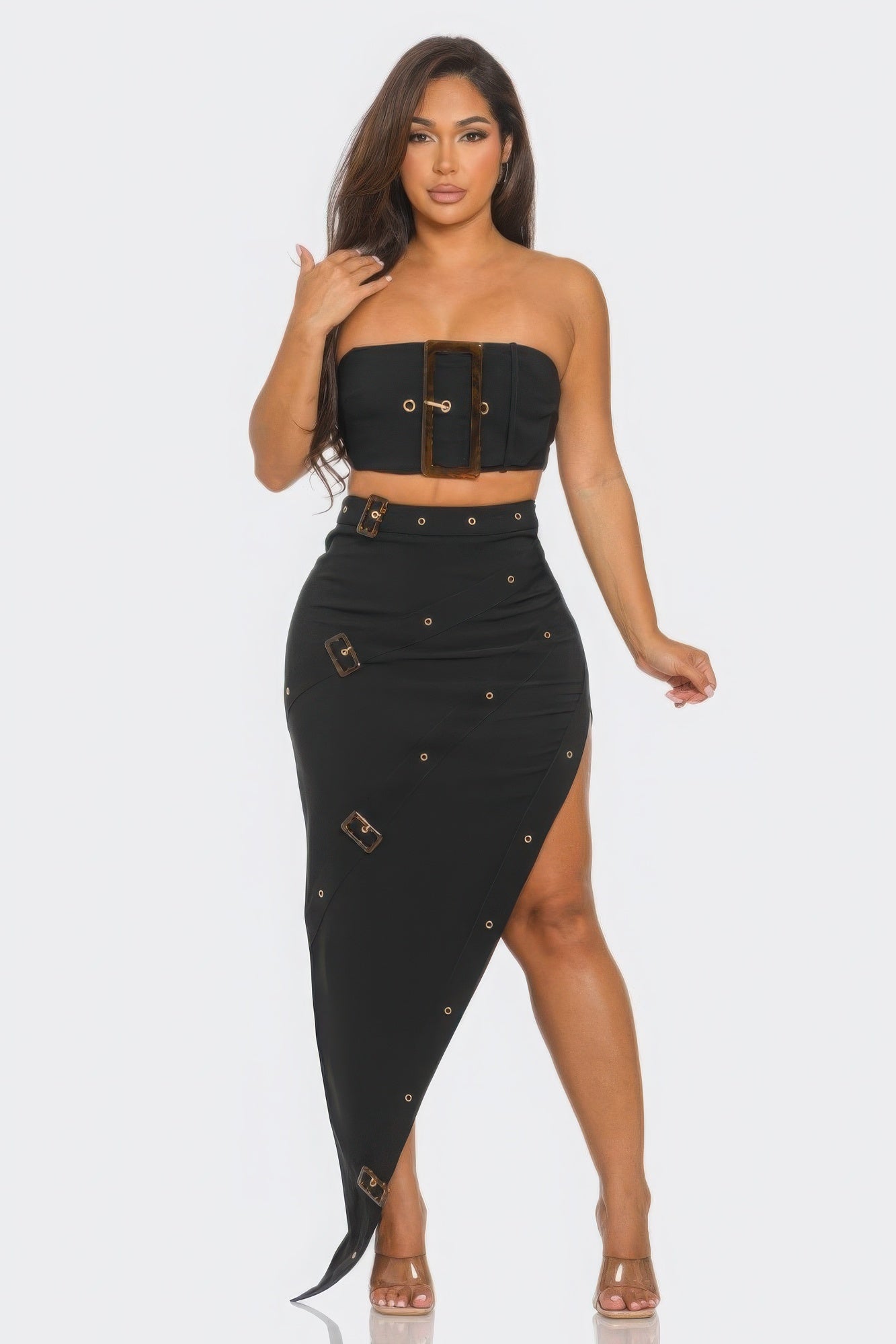 Front Eyelet Buckle Belt Top And Skirt Set - Flip Flop Dynasty