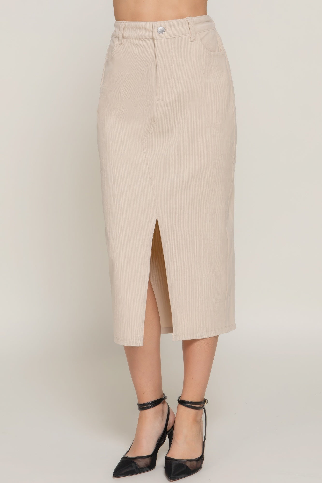 Front Open Slit Corduroy Midi Skirt - Flip Flop Dynasty
