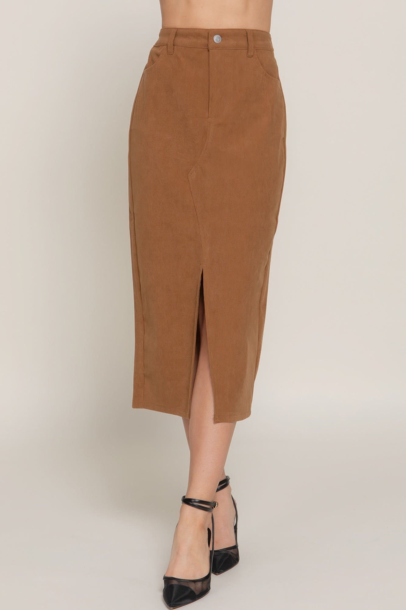 Front Open Slit Corduroy Midi Skirt - Flip Flop Dynasty