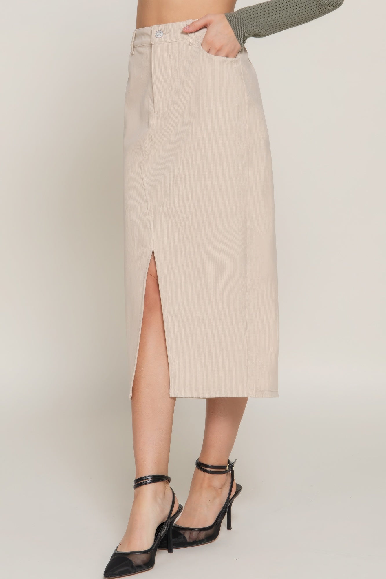Front Open Slit Corduroy Midi Skirt - Flip Flop Dynasty