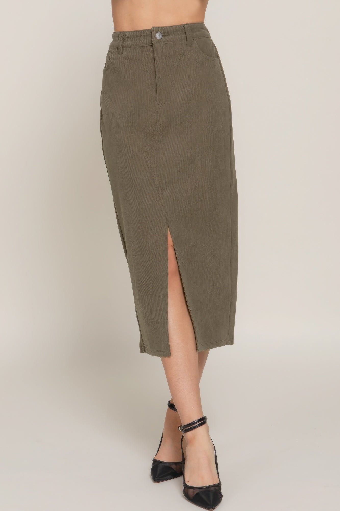 Front Open Slit Corduroy Midi Skirt - Flip Flop Dynasty