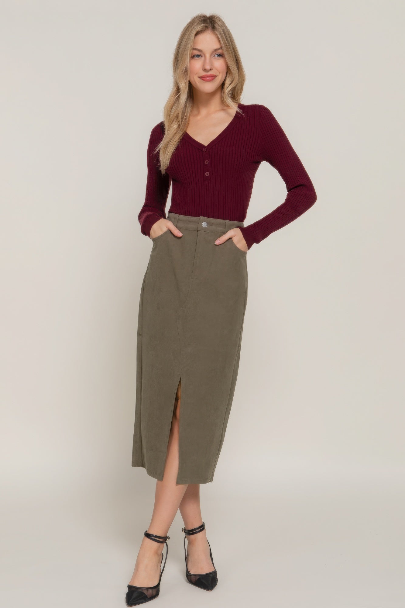 Front Open Slit Corduroy Midi Skirt - Flip Flop Dynasty