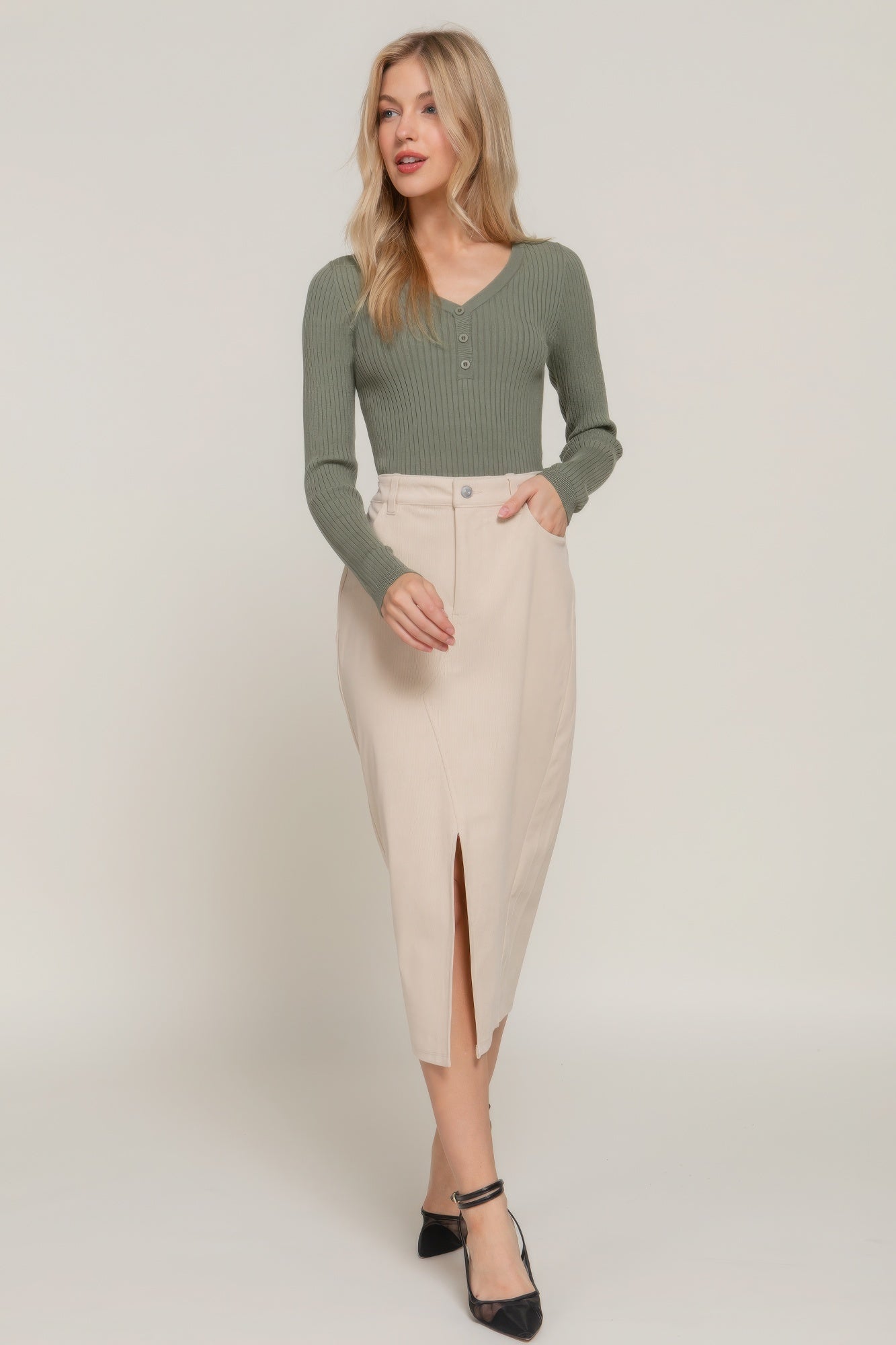 Front Open Slit Corduroy Midi Skirt - Flip Flop Dynasty
