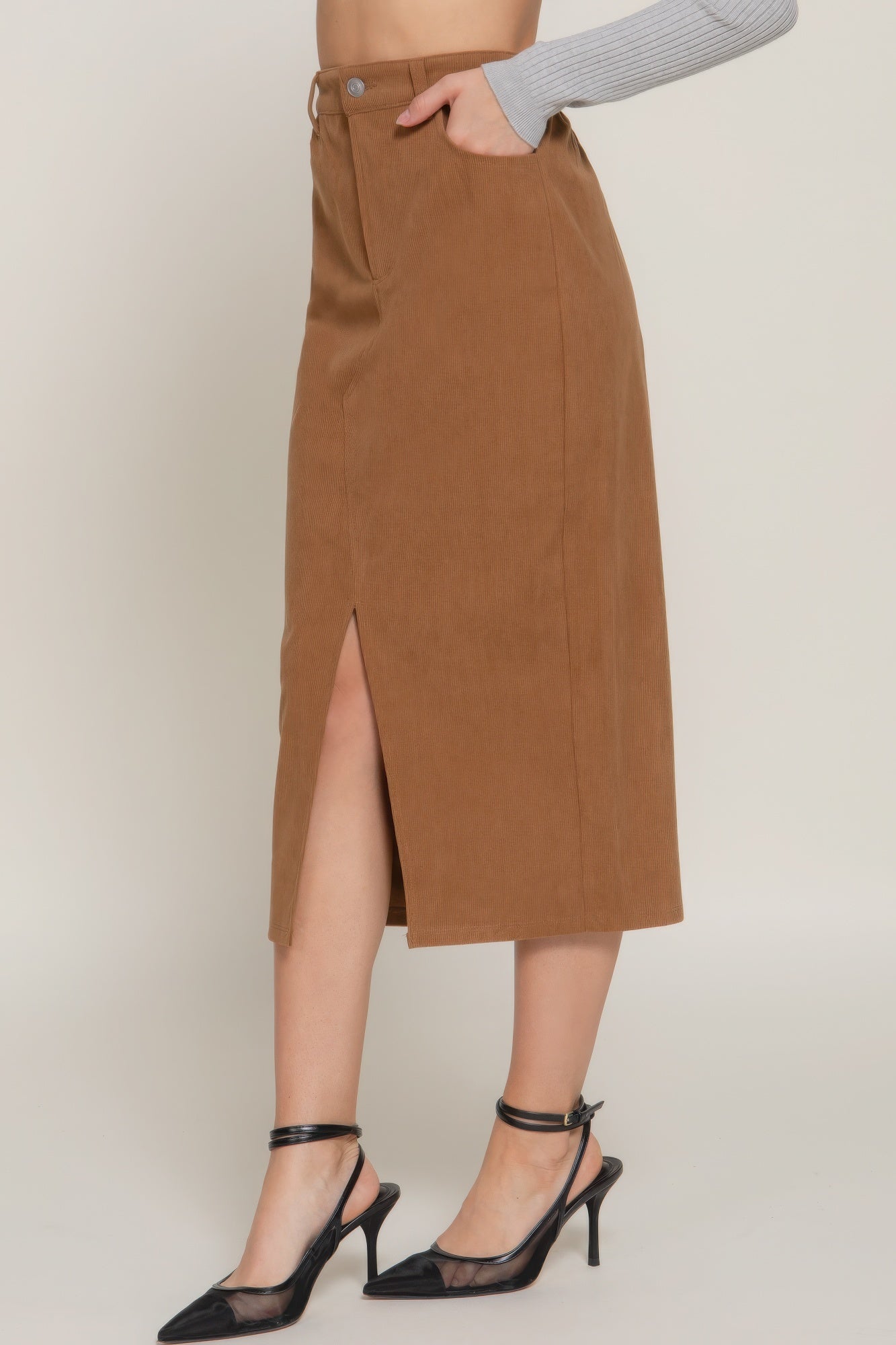 Front Open Slit Corduroy Midi Skirt - Flip Flop Dynasty