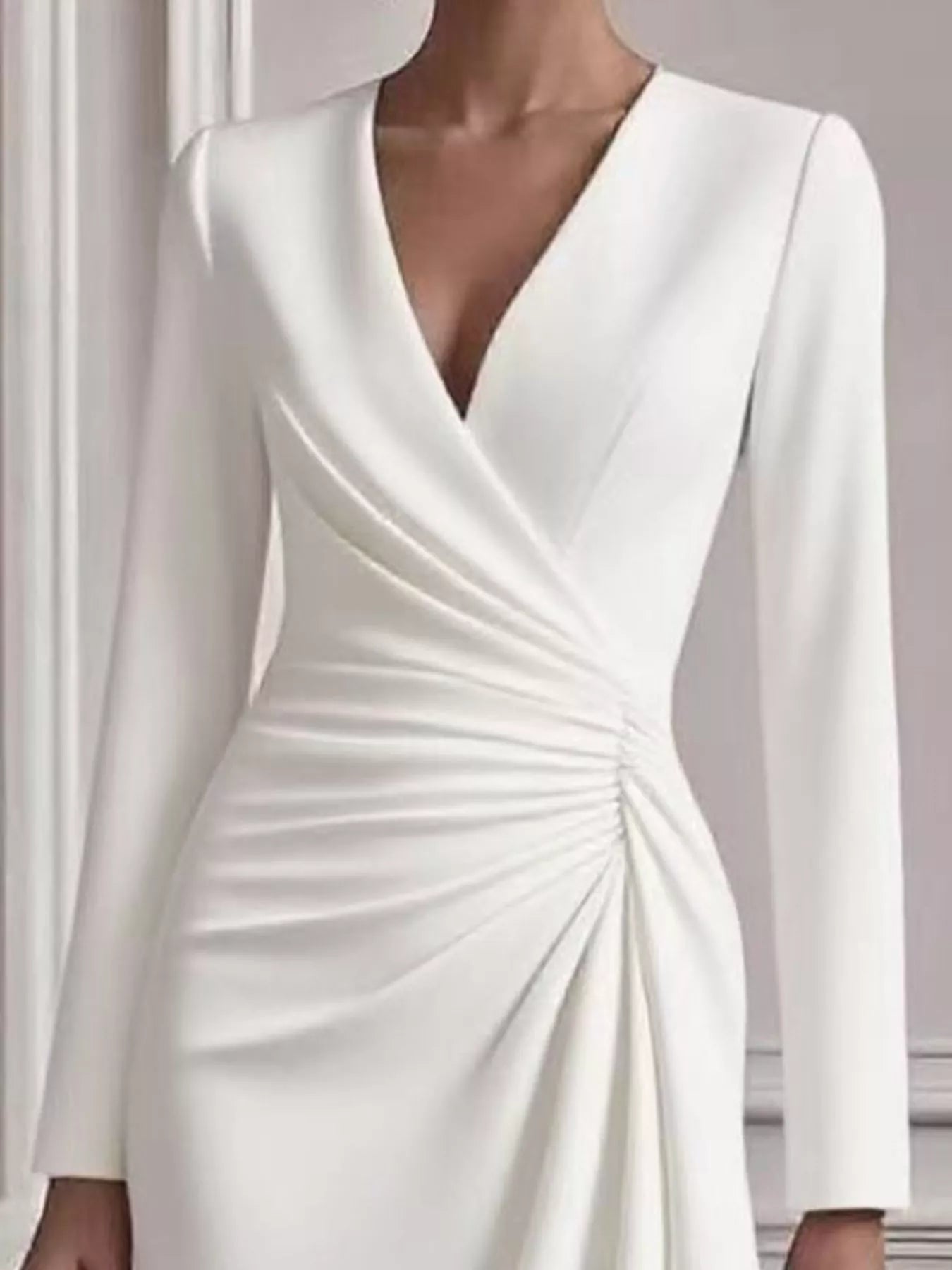 Front Ruched V - Neck Long Sleeve Dress - Flip Flop Dynasty