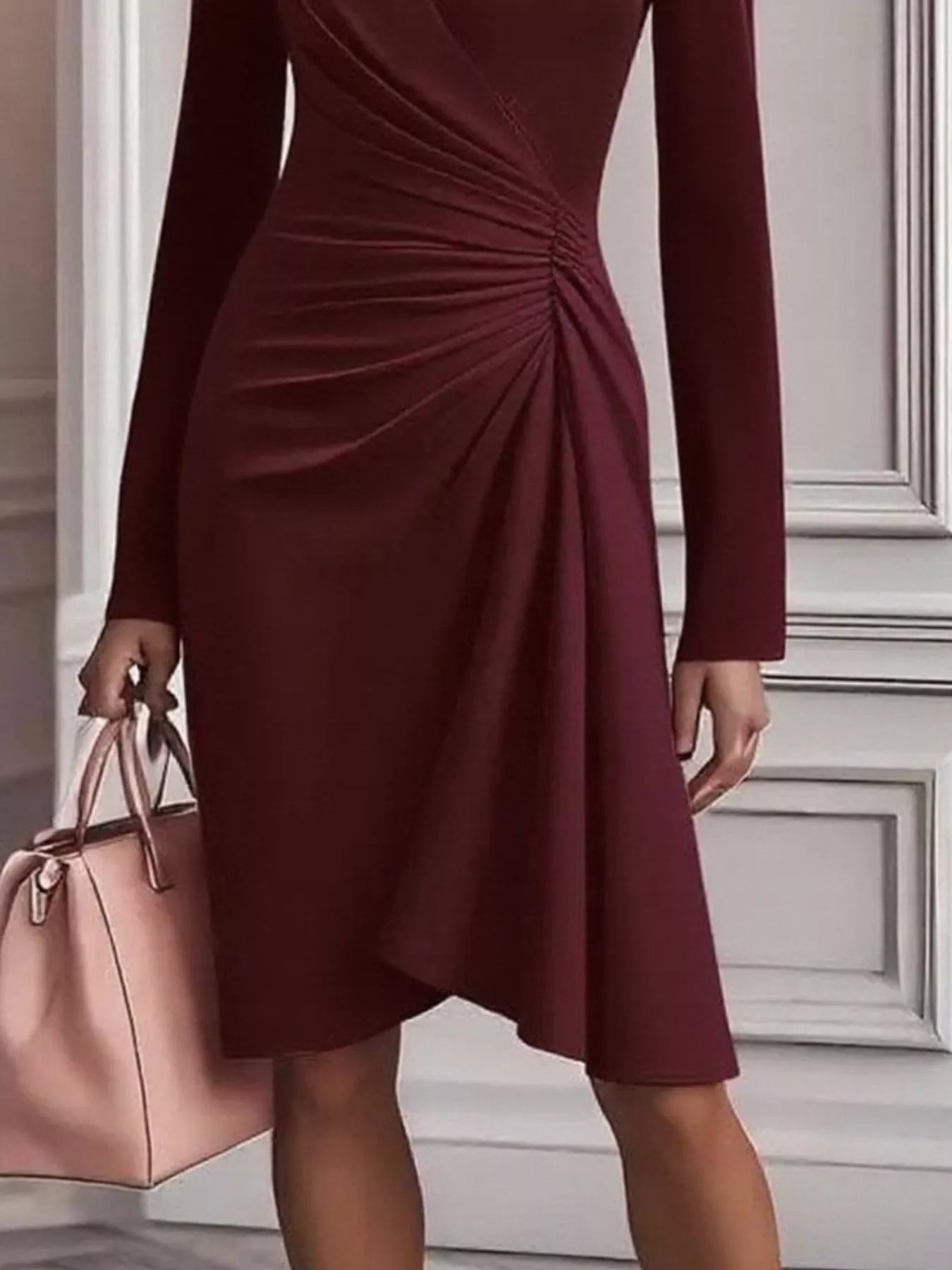 Front Ruched V - Neck Long Sleeve Dress - Flip Flop Dynasty
