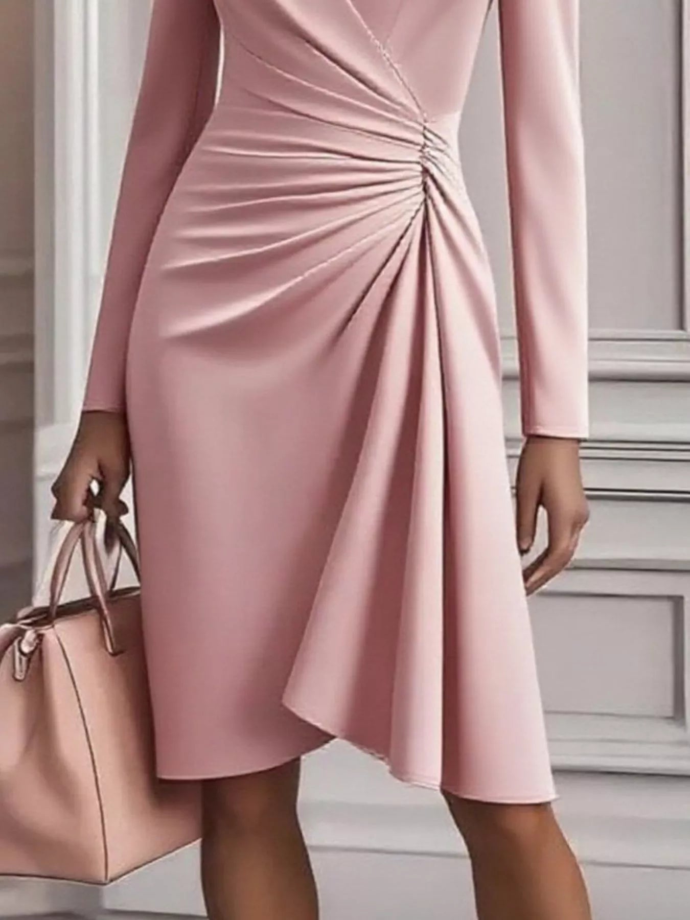 Front Ruched V - Neck Long Sleeve Dress - Flip Flop Dynasty