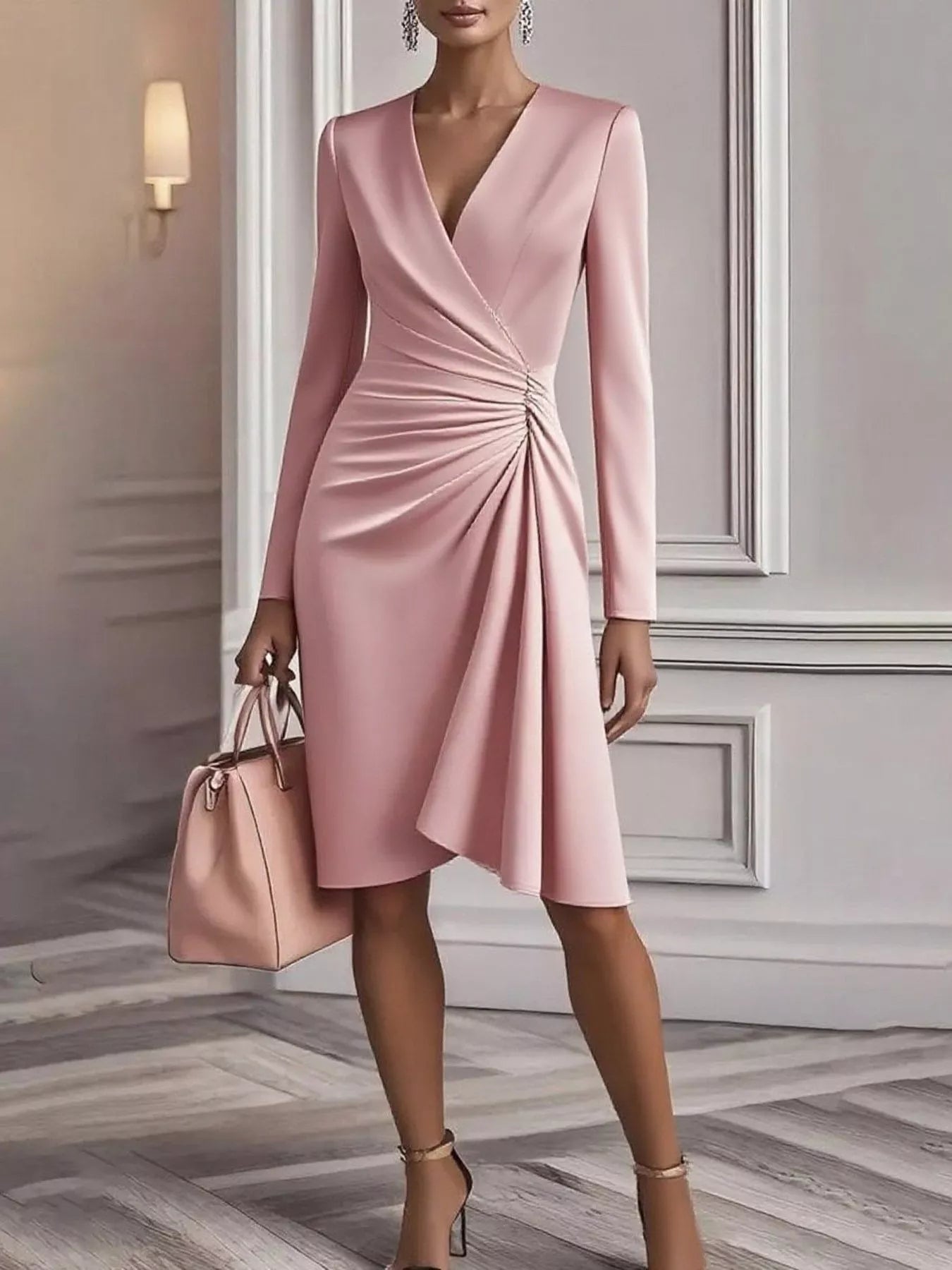 Front Ruched V - Neck Long Sleeve Dress - Flip Flop Dynasty