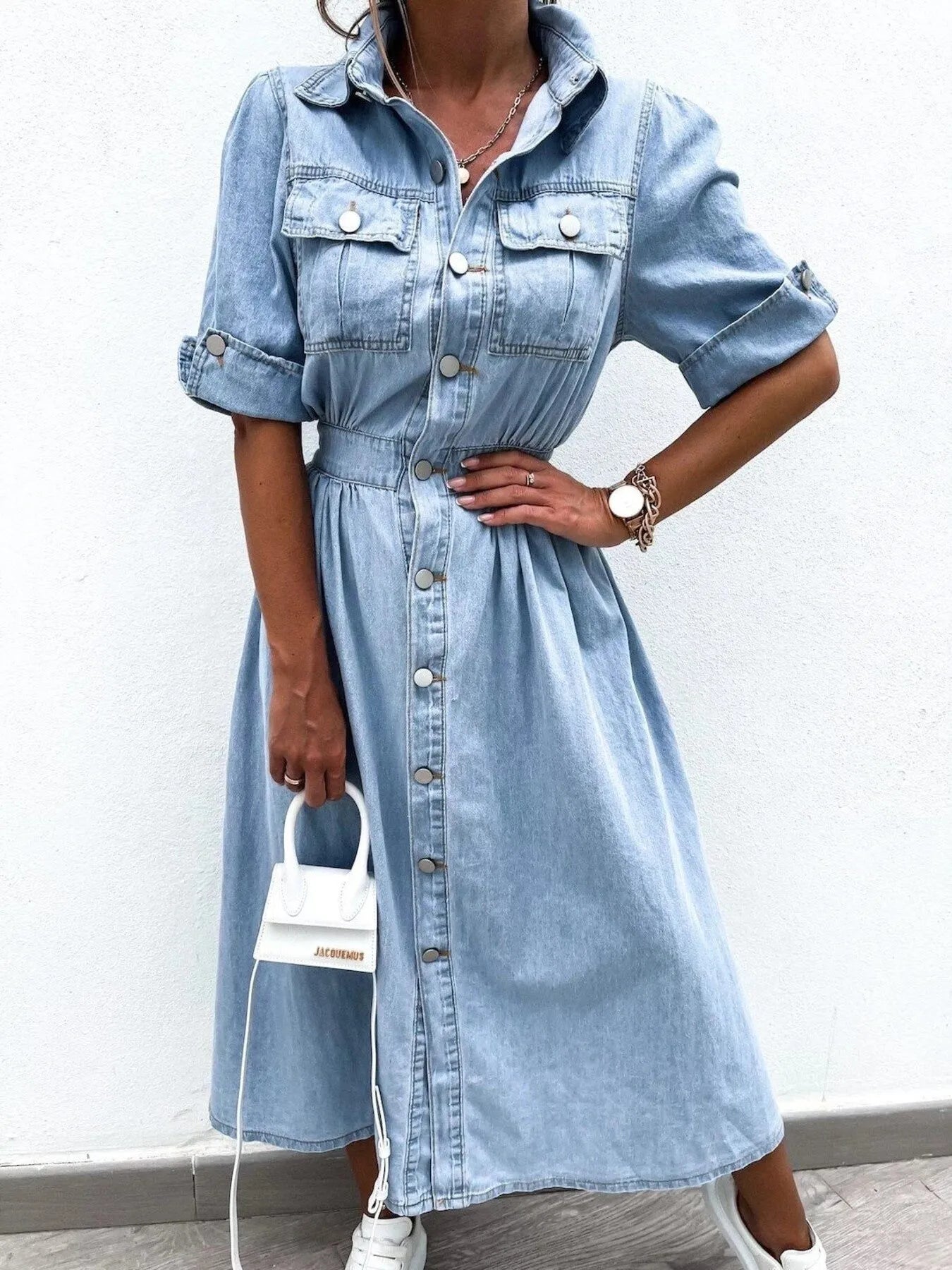 Full Size Button Down Roll - Up Sleeve Denim Shirt Dress Plus Size - Flip Flop Dynasty
