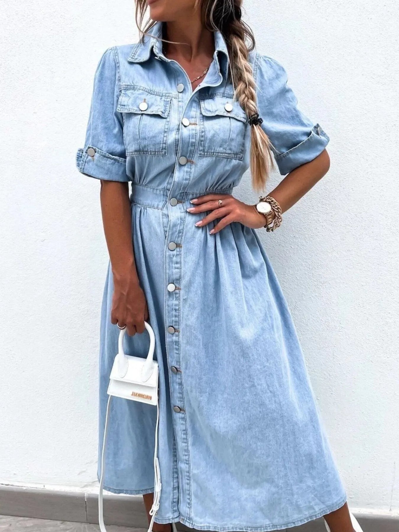 Full Size Button Down Roll - Up Sleeve Denim Shirt Dress Plus Size - Flip Flop Dynasty