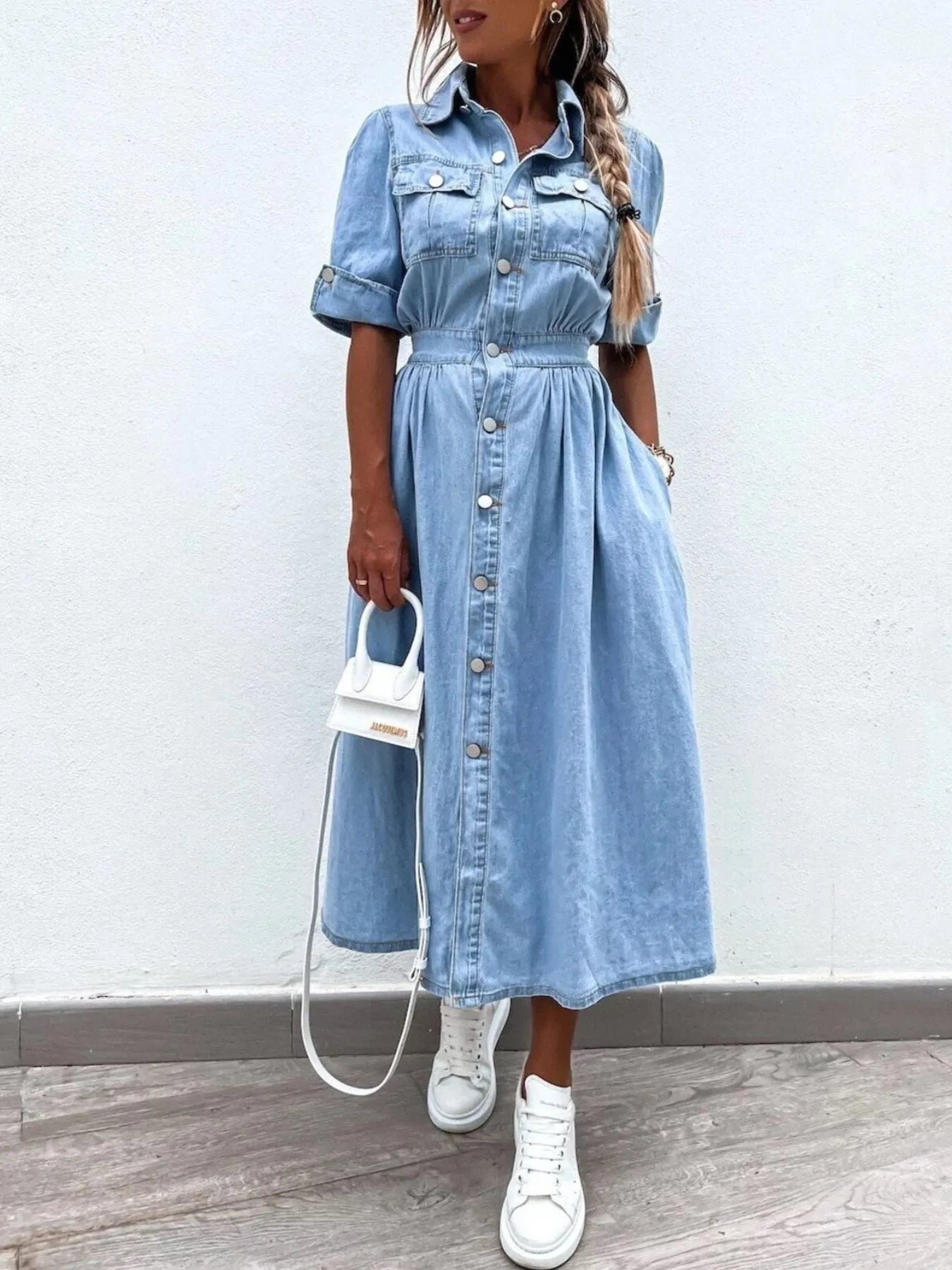 Full Size Button Down Roll - Up Sleeve Denim Shirt Dress Plus Size - Flip Flop Dynasty