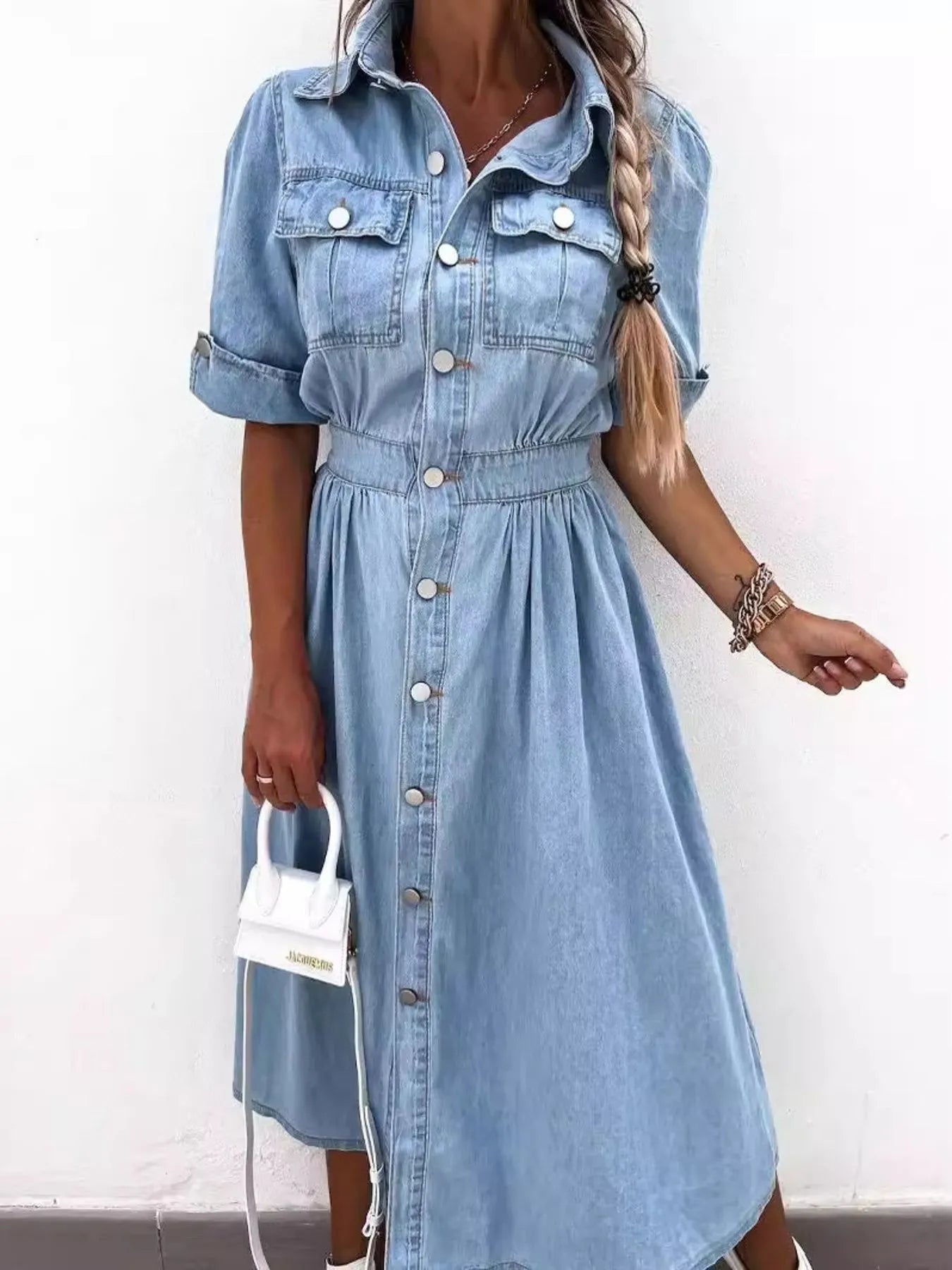 Full Size Button Down Roll - Up Sleeve Denim Shirt Dress Plus Size - Flip Flop Dynasty