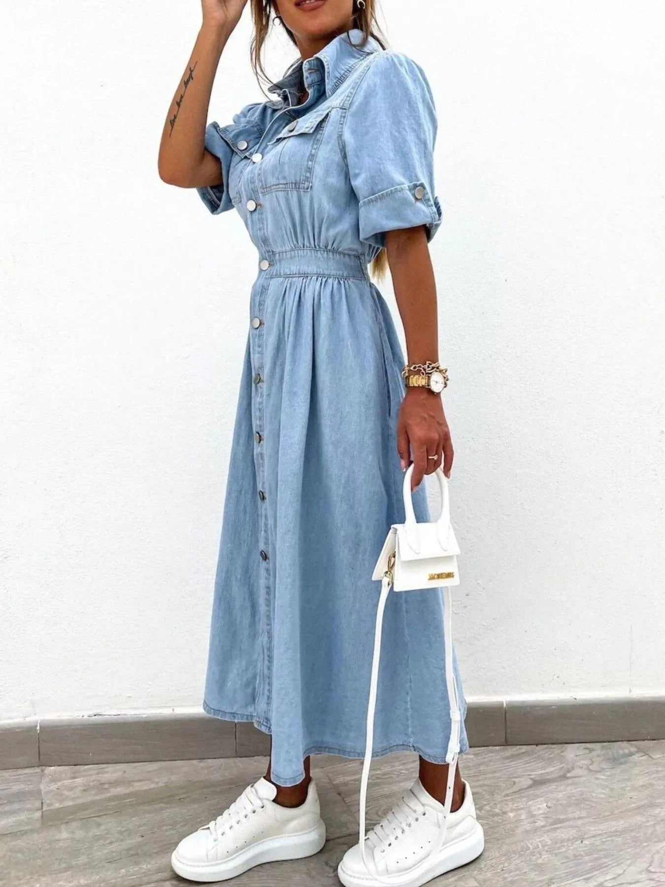 Full Size Button Down Roll - Up Sleeve Denim Shirt Dress Plus Size - Flip Flop Dynasty