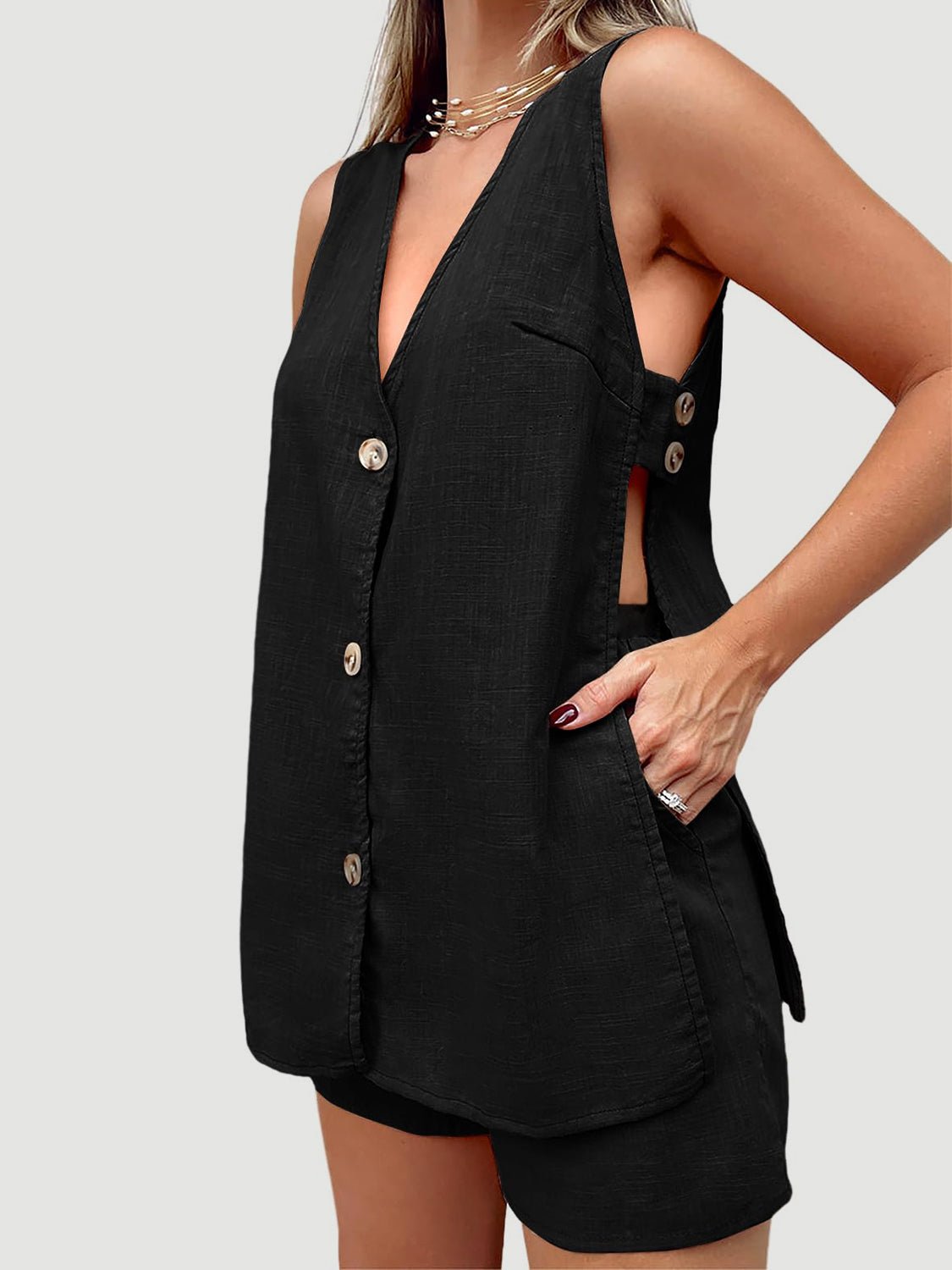 Full Size Button Up Top and Shorts Set - Flip Flop Dynasty