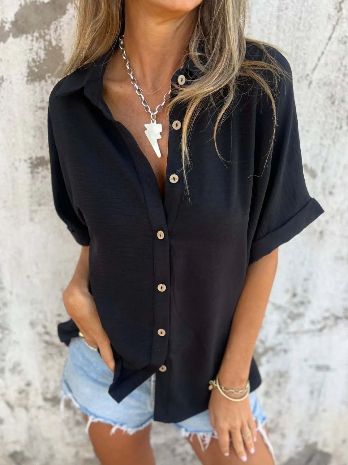 Full Size Collared Neck Half Sleeve Shirt Plus Size - Flip Flop Dynasty