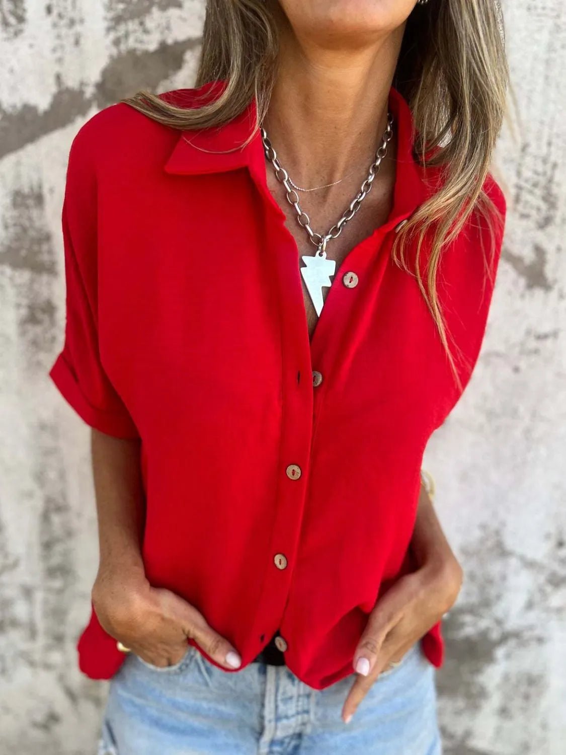 Full Size Collared Neck Half Sleeve Shirt Plus Size - Flip Flop Dynasty