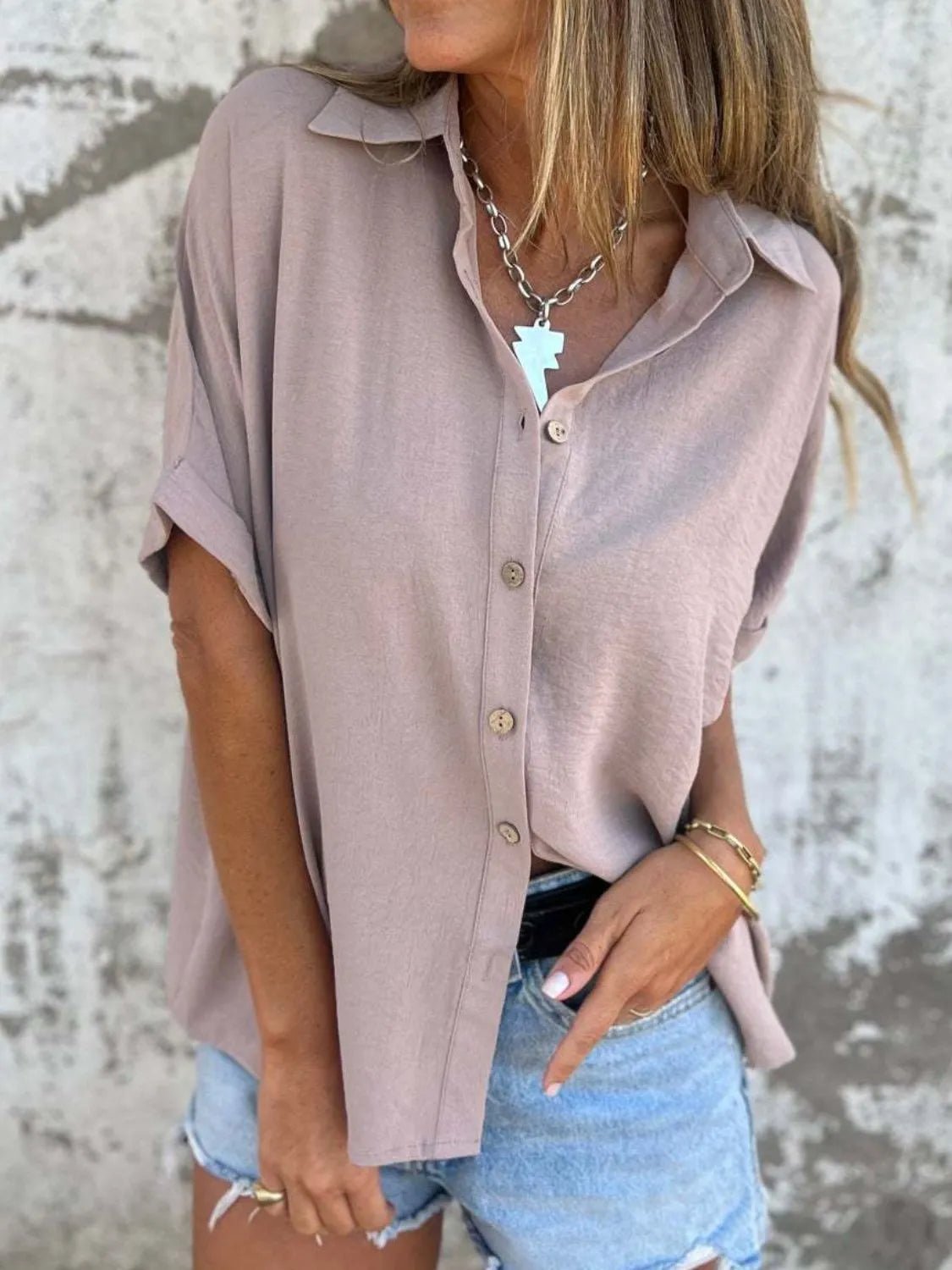 Full Size Collared Neck Half Sleeve Shirt Plus Size - Flip Flop Dynasty