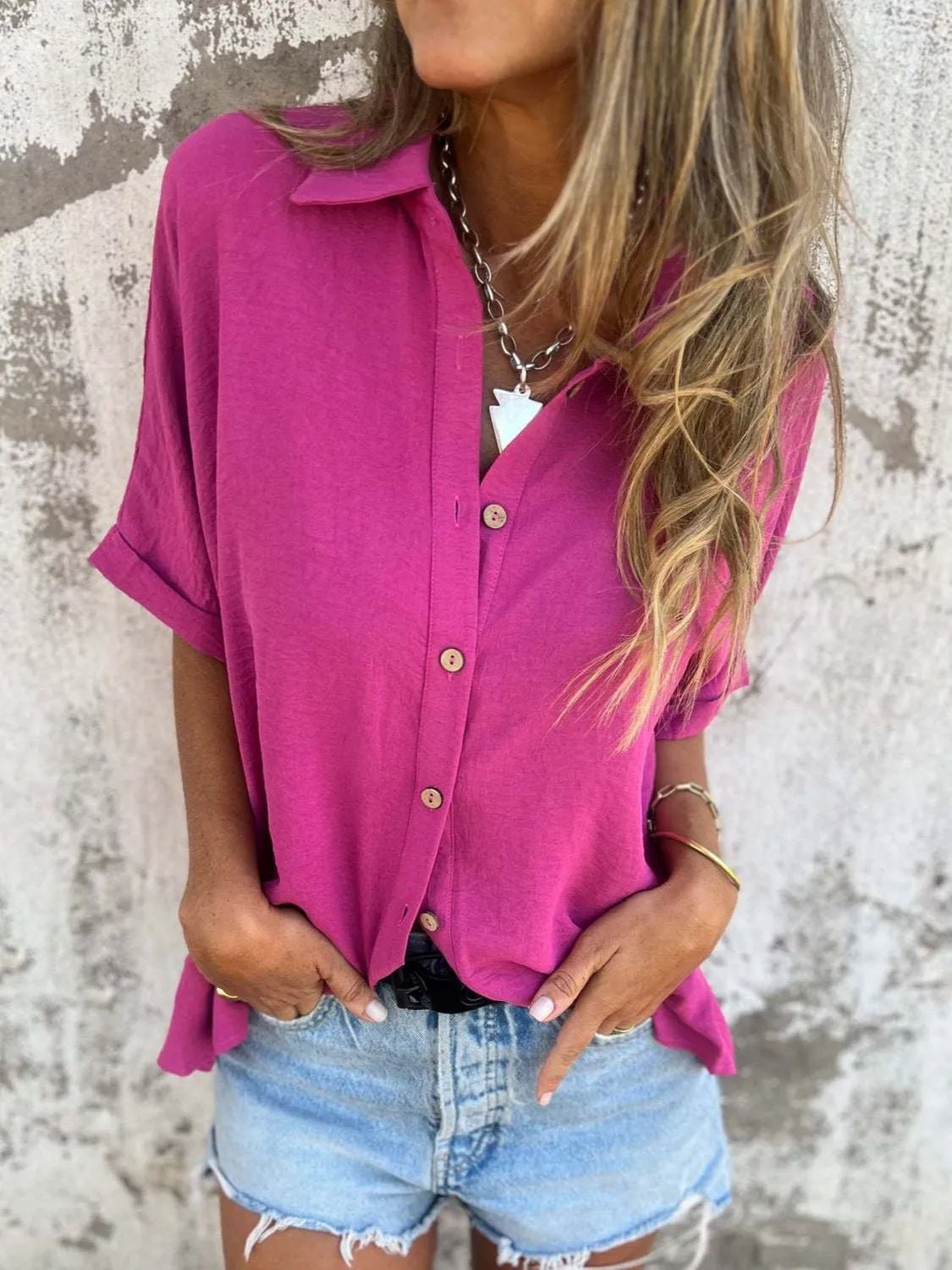 Full Size Collared Neck Half Sleeve Shirt Plus Size - Flip Flop Dynasty