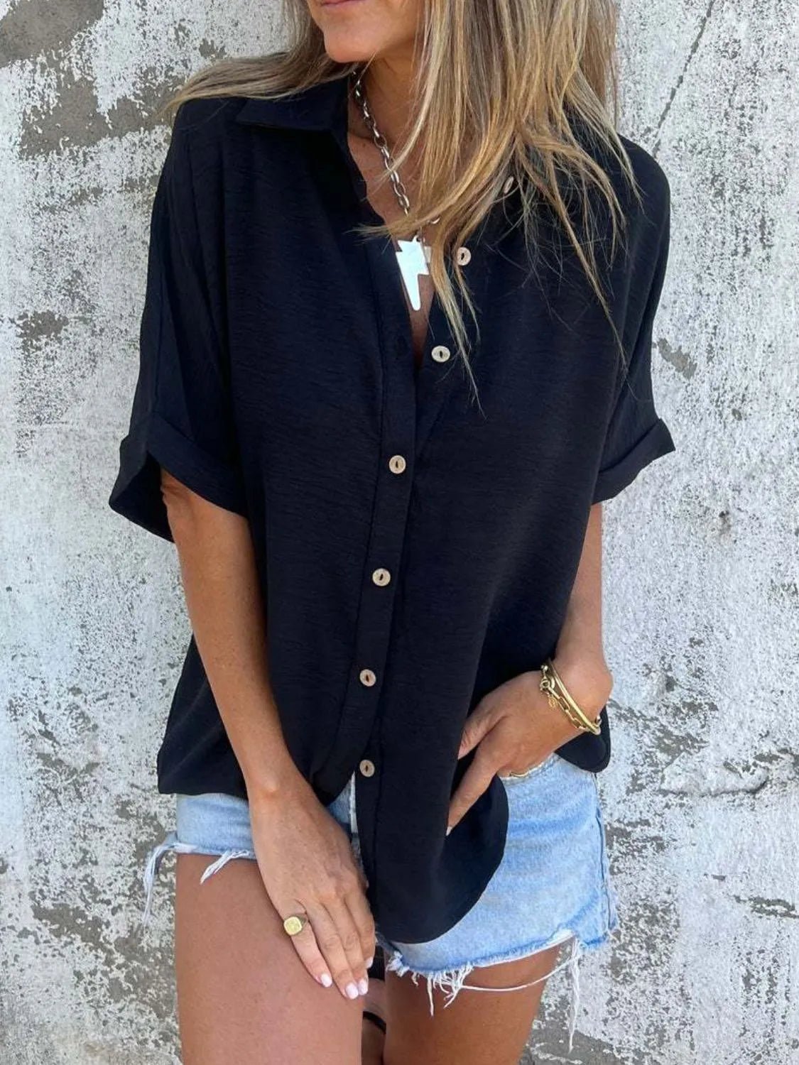 Full Size Collared Neck Half Sleeve Shirt Plus Size - Flip Flop Dynasty