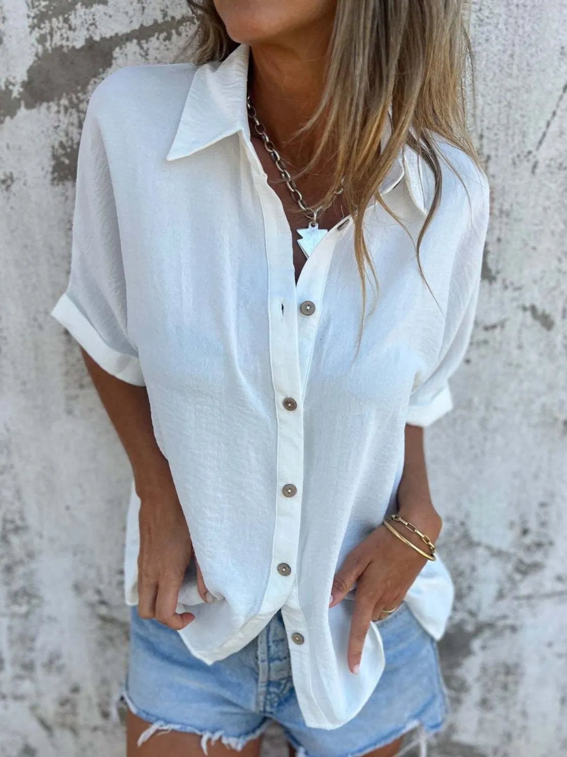 Full Size Collared Neck Half Sleeve Shirt Plus Size - Flip Flop Dynasty