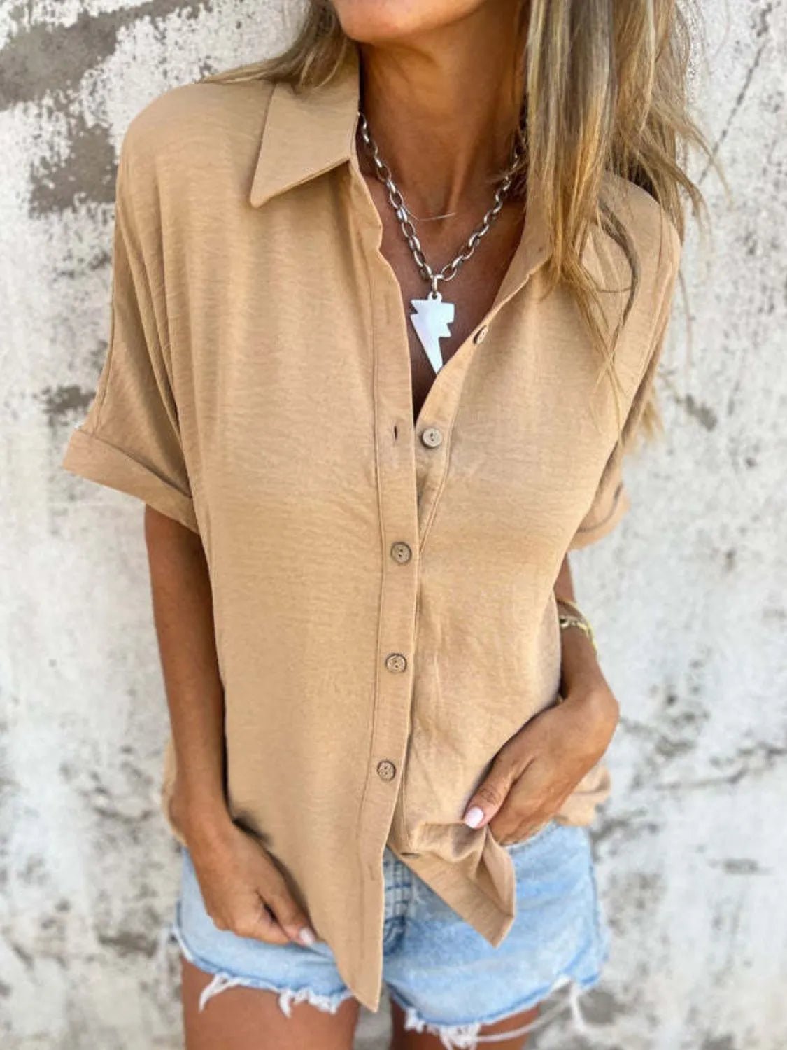 Full Size Collared Neck Half Sleeve Shirt Plus Size - Flip Flop Dynasty