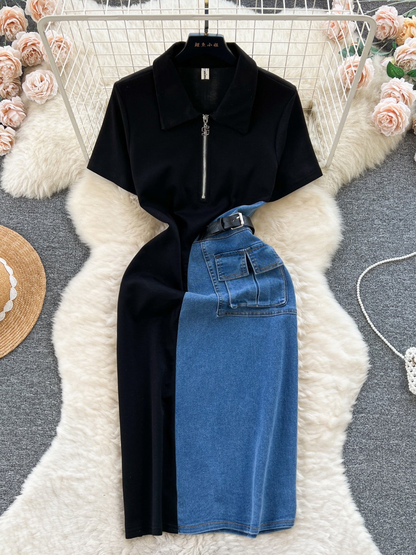 Full Size Color Block Denim Patchwork Short Sleeve Midi Dress Plus Size - Flip Flop Dynasty