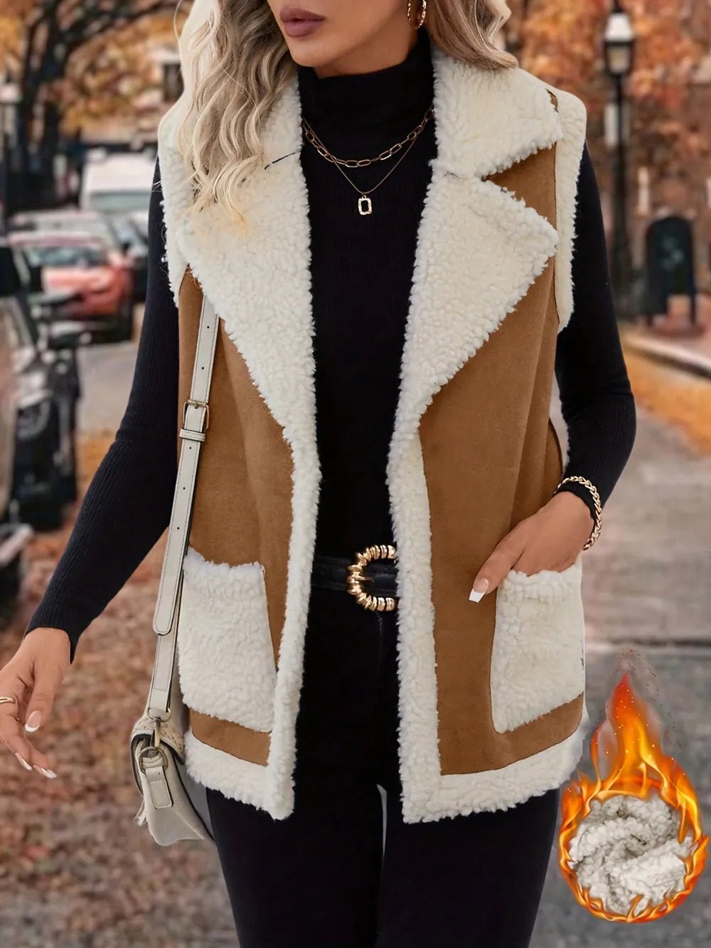 Full Size Contrast Open Front Sherpa Vest Coat - Flip Flop Dynasty