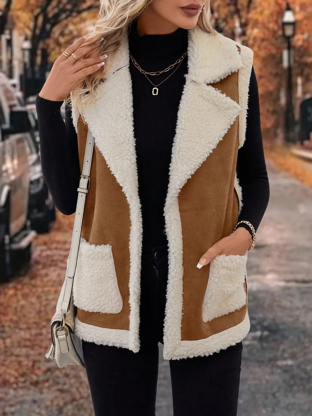 Full Size Contrast Open Front Sherpa Vest Coat - Flip Flop Dynasty