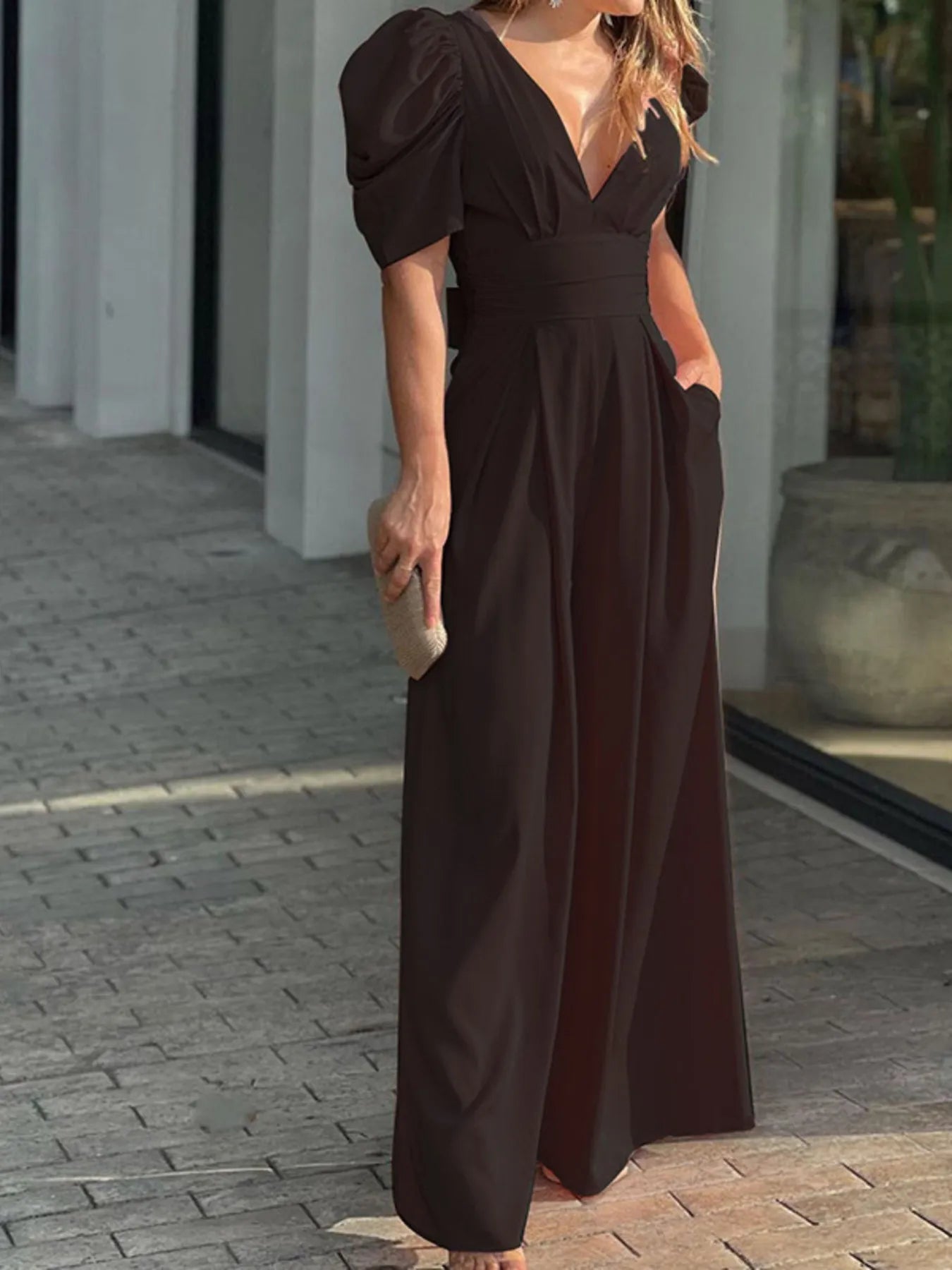 Full Size Cutout V - Neck Puff Sleeve Jumpsuit Plus Size - Flip Flop Dynasty