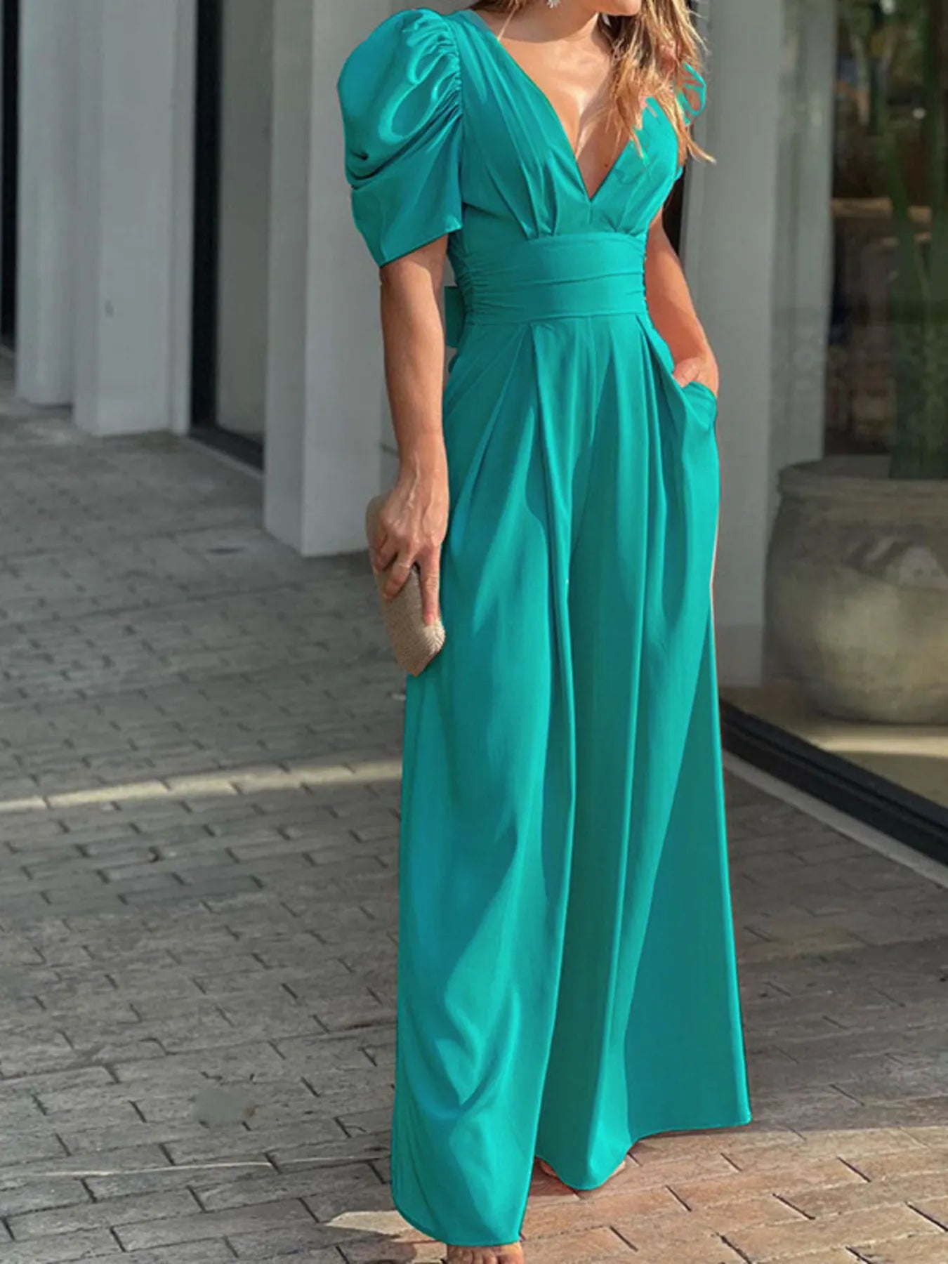 Full Size Cutout V - Neck Puff Sleeve Jumpsuit Plus Size - Flip Flop Dynasty